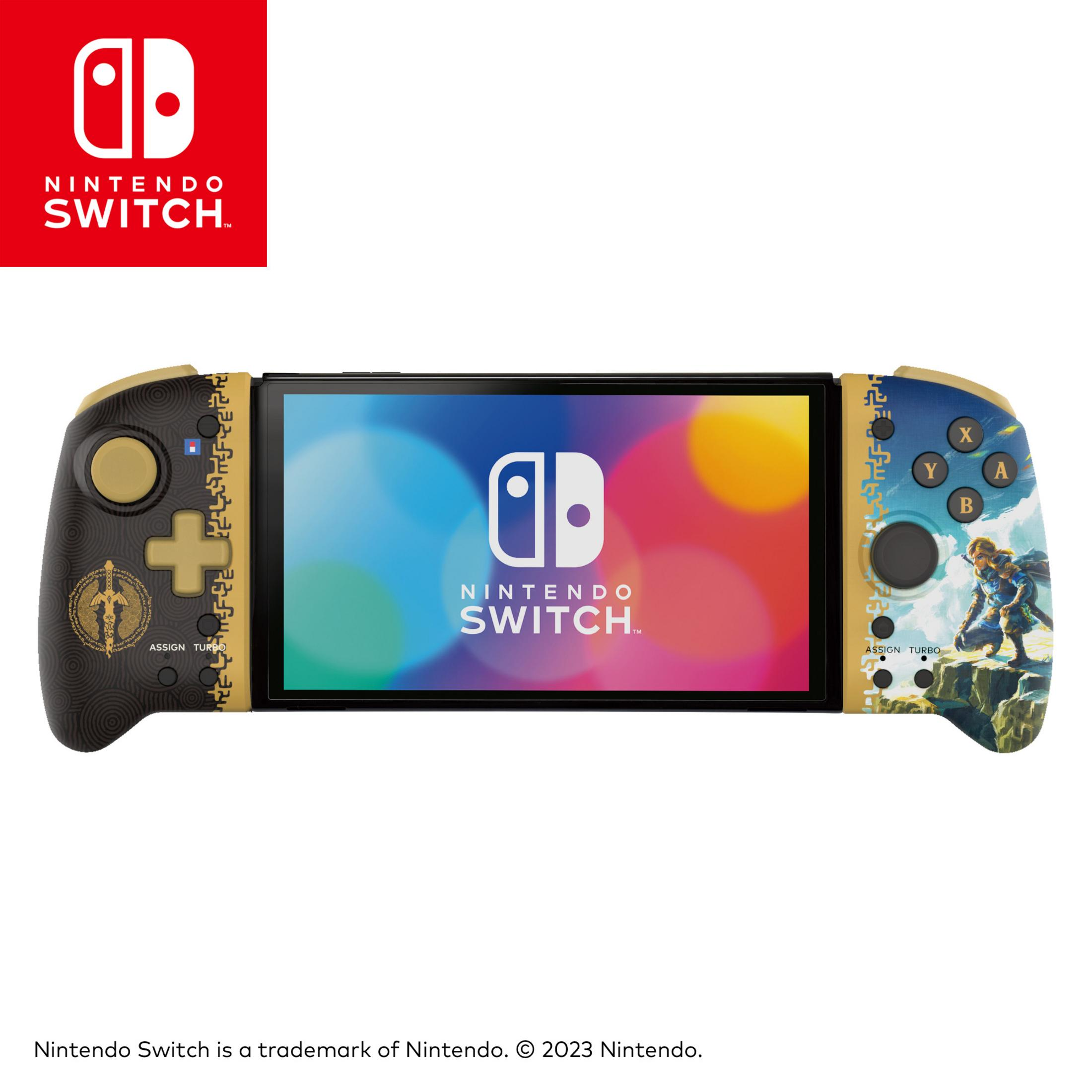 Kontroler Nintendo Switch. Czarna lewa strona, ze złotymi detalami, prawa strona z postacią z gry. Ekran na środku.