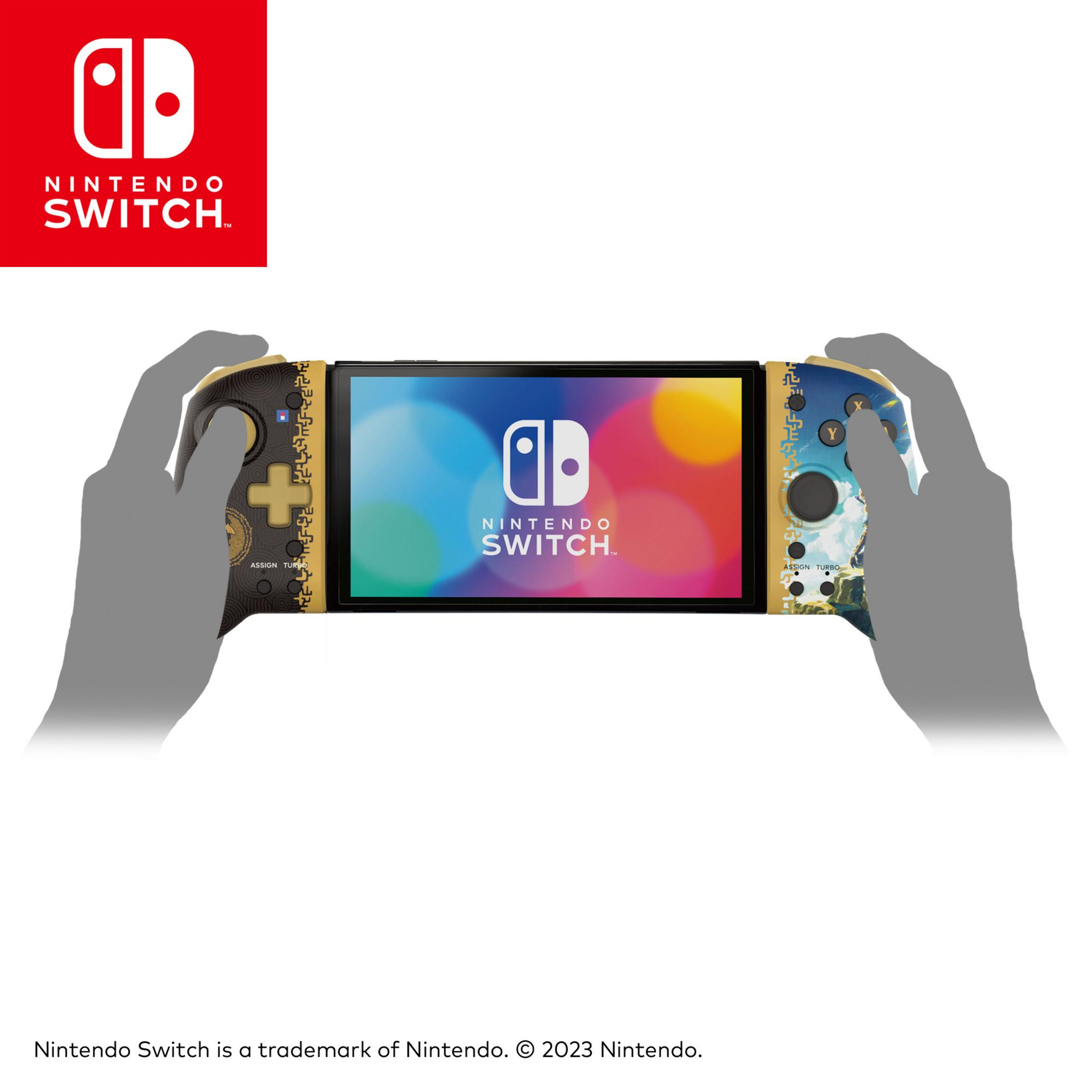 Osoba trzymająca kontroler Nintendo Switch z ekranem pośrodku. Logo Nintendo jest widoczne.