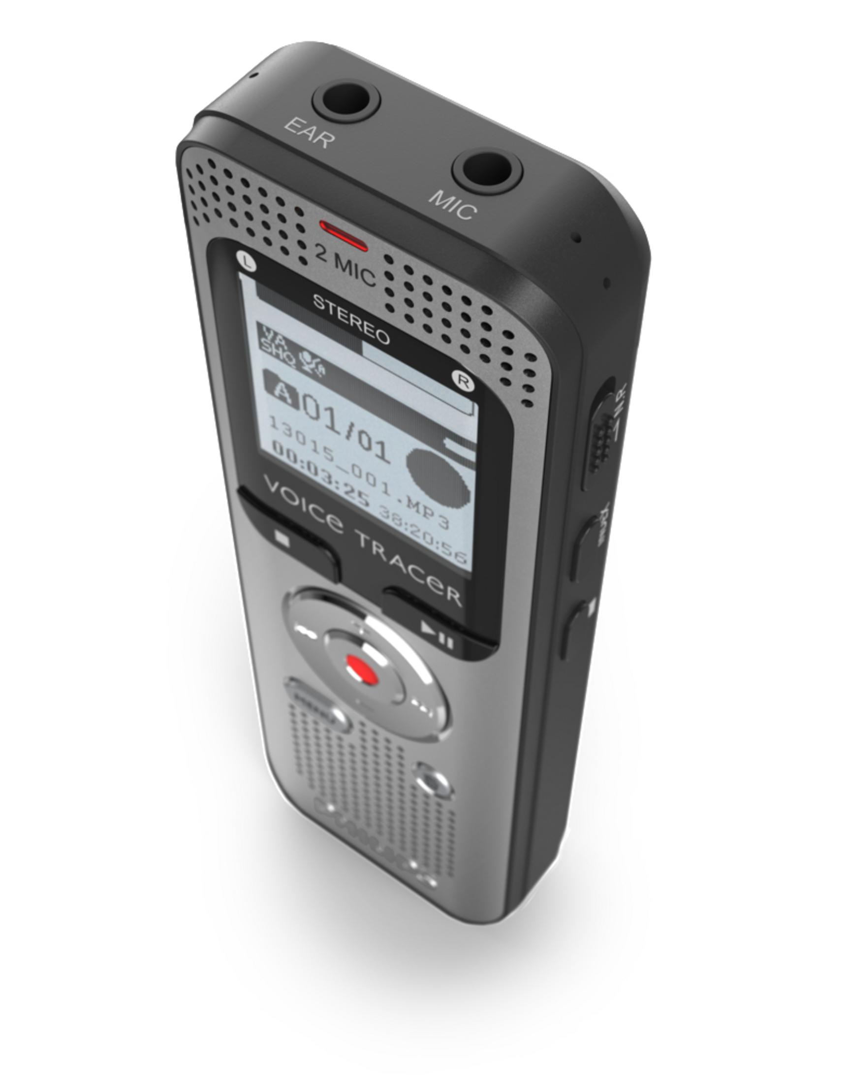 Rejestrator głosu z ekranem i przyciskami. Posiada wejścia słuchawkowe i mikrofonowe oraz funkcję stereo.