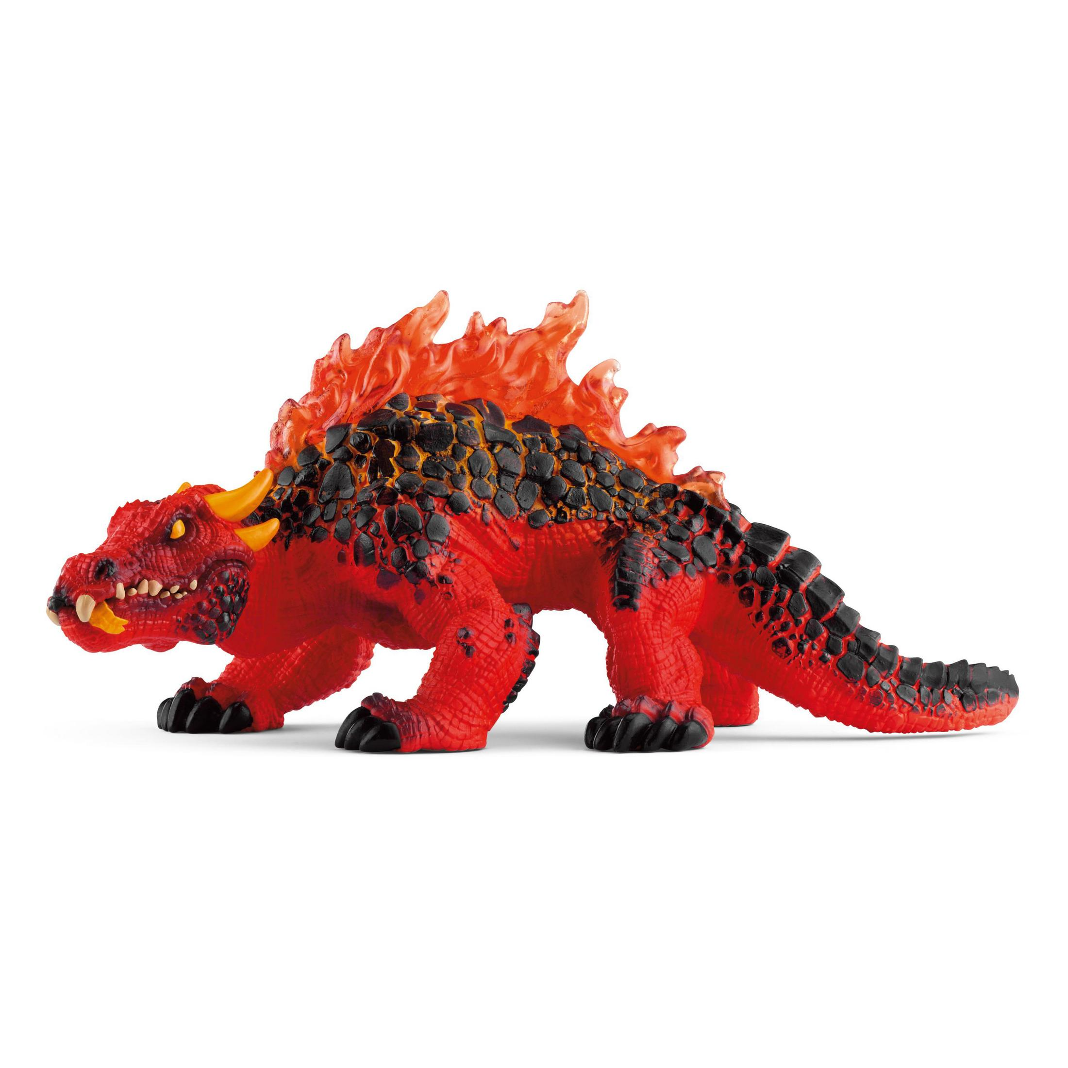Figurina di drago giocattolo rossa, arancione e nera su sfondo bianco.