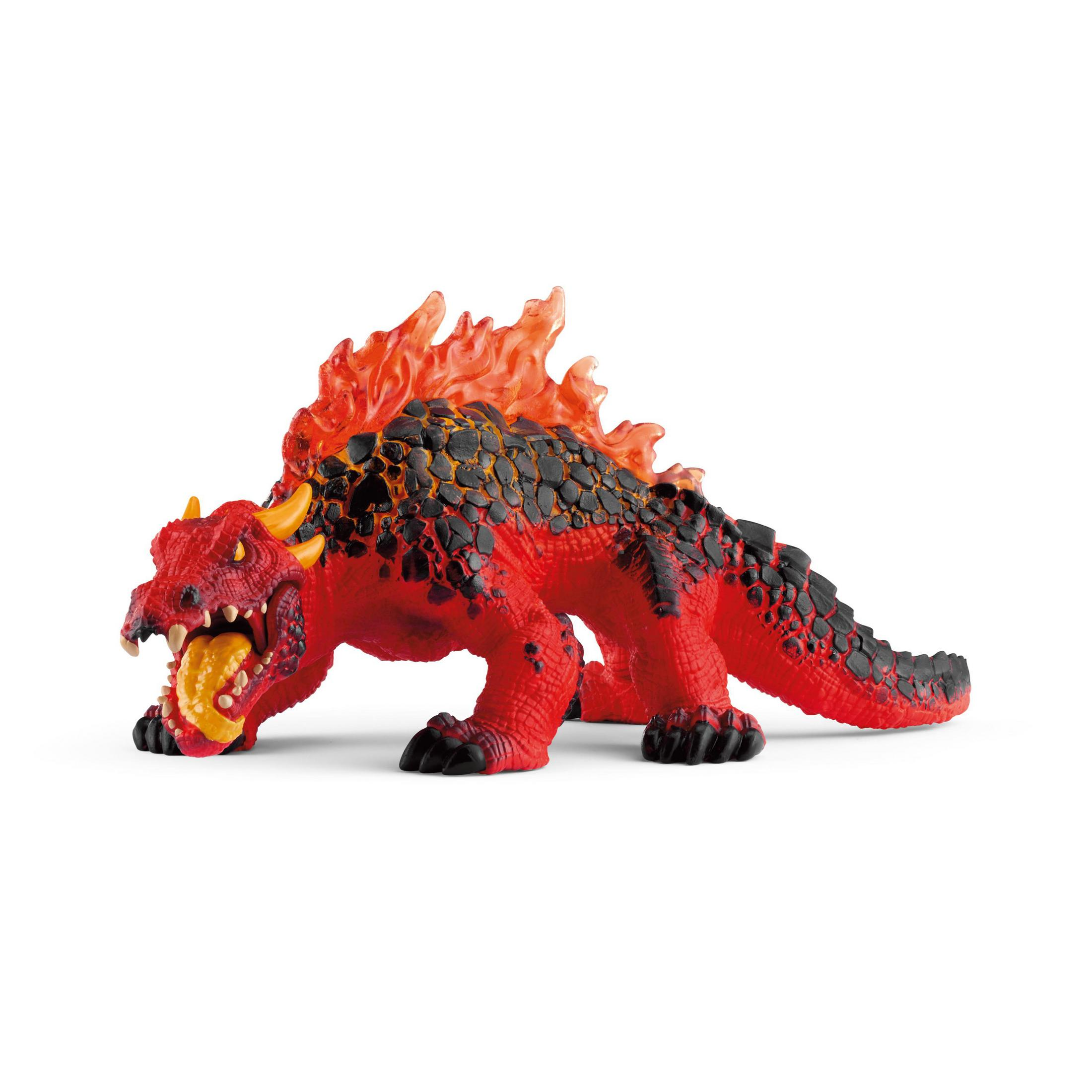 Giocattolo drago rosso e nero. Il drago ha la bocca gialla. Spine simili a fuoco sulla schiena.