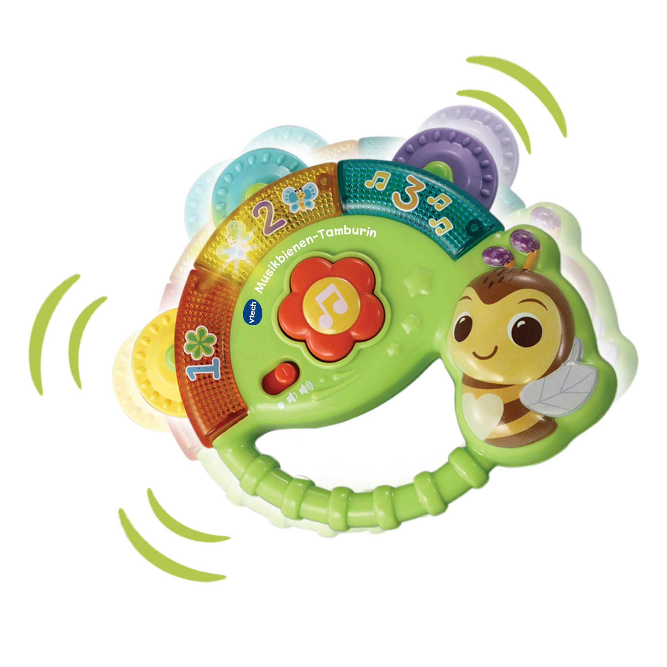 Ein grünes und gelbes Vtech-Spielzeug mit einer Biene. Es hat bunte Drehräder und eine Notentaste.