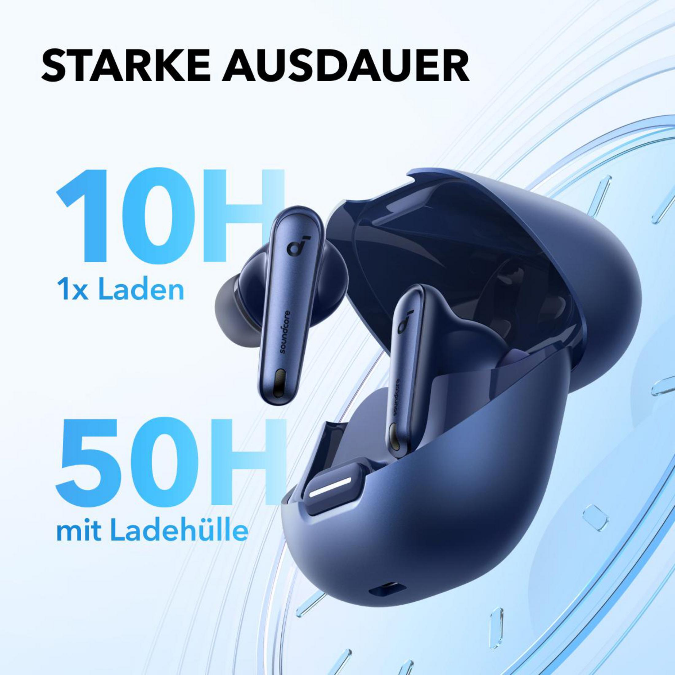 Auriculares en estuche de carga. El texto dice '10H' y '50H' con el nombre de la marca.