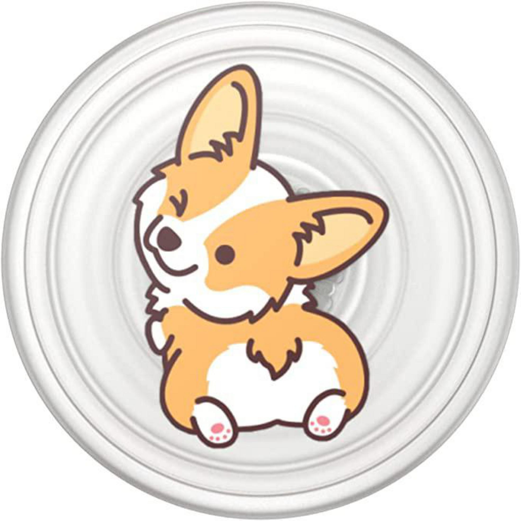 Niedlicher Cartoon-Corgi auf einem transparenten Saugnapf. Weißer Hintergrund.