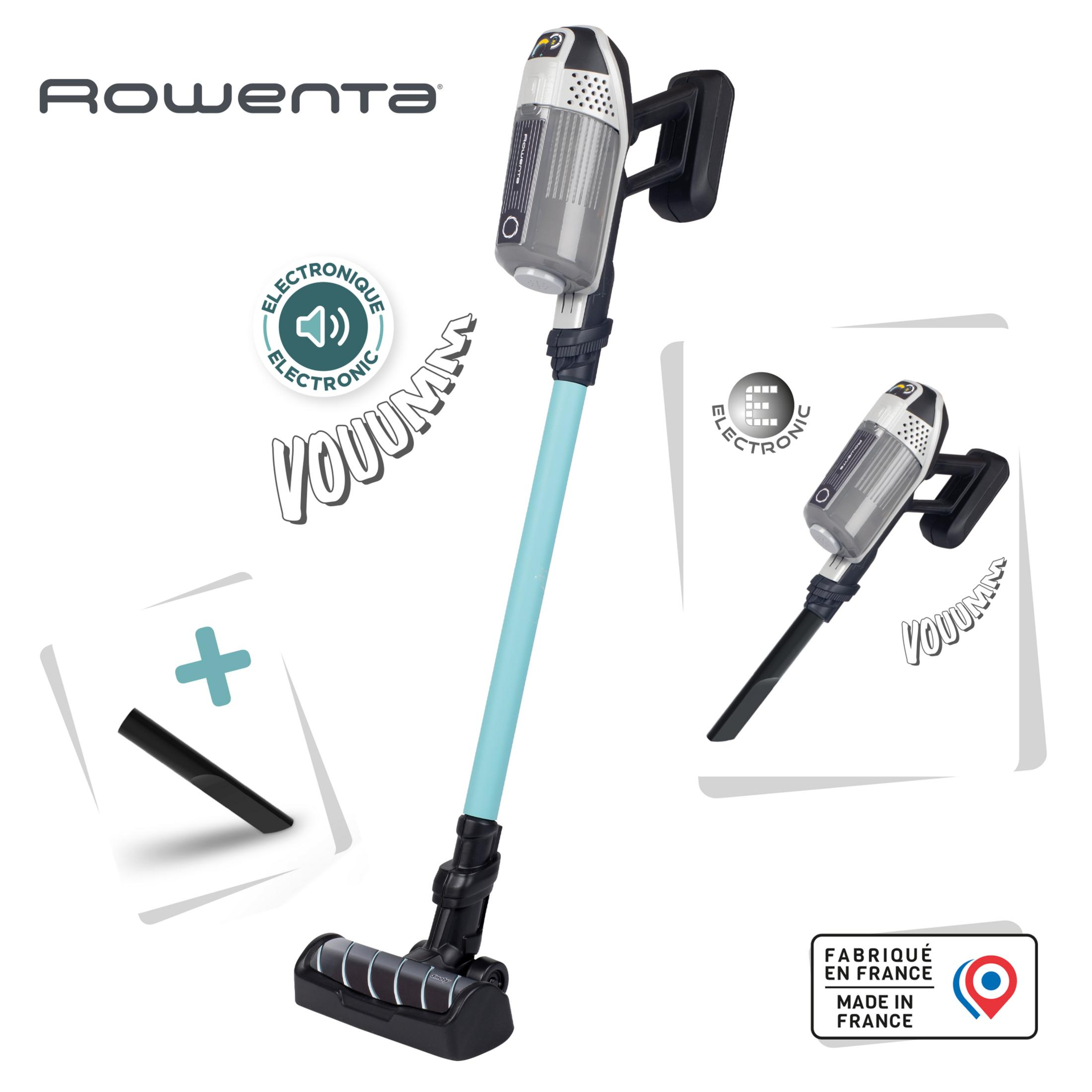 Rowenta Staubsauger. Er ist hellblau und schwarz, mit einigen grafischen Elementen.