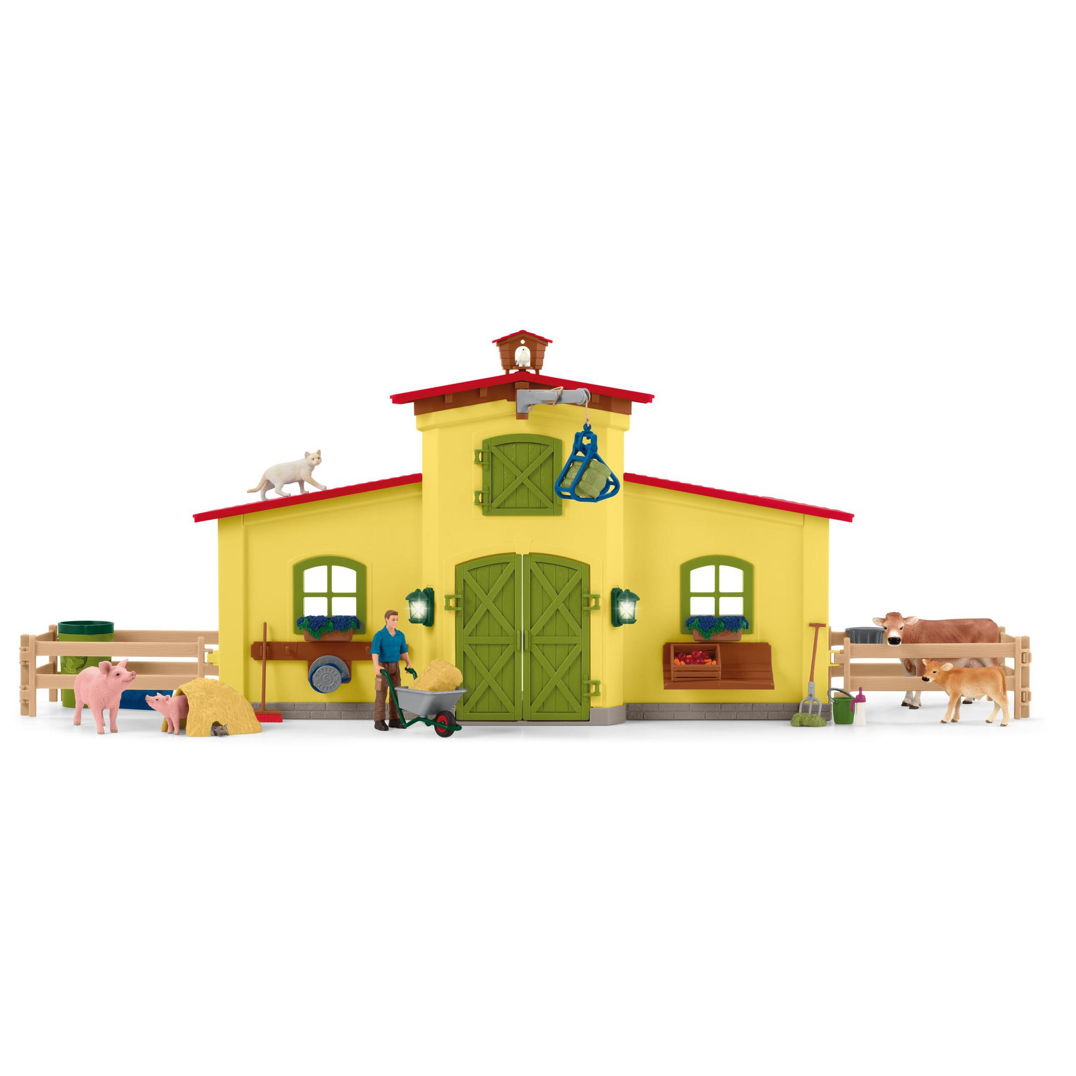 Een boerderijscène met een geel gebouw, dieren en een boer.