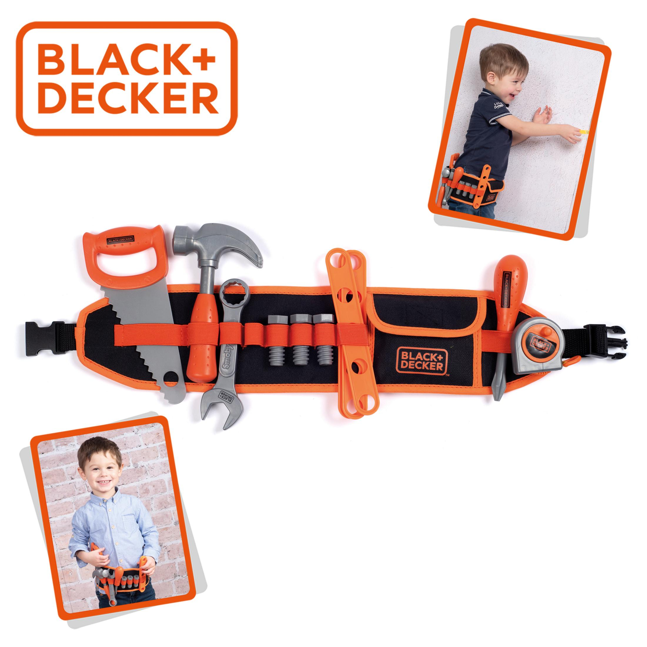 Black+Decker Spielzeug-Werkzeuggürtel mit Werkzeugen und zwei Kindern.