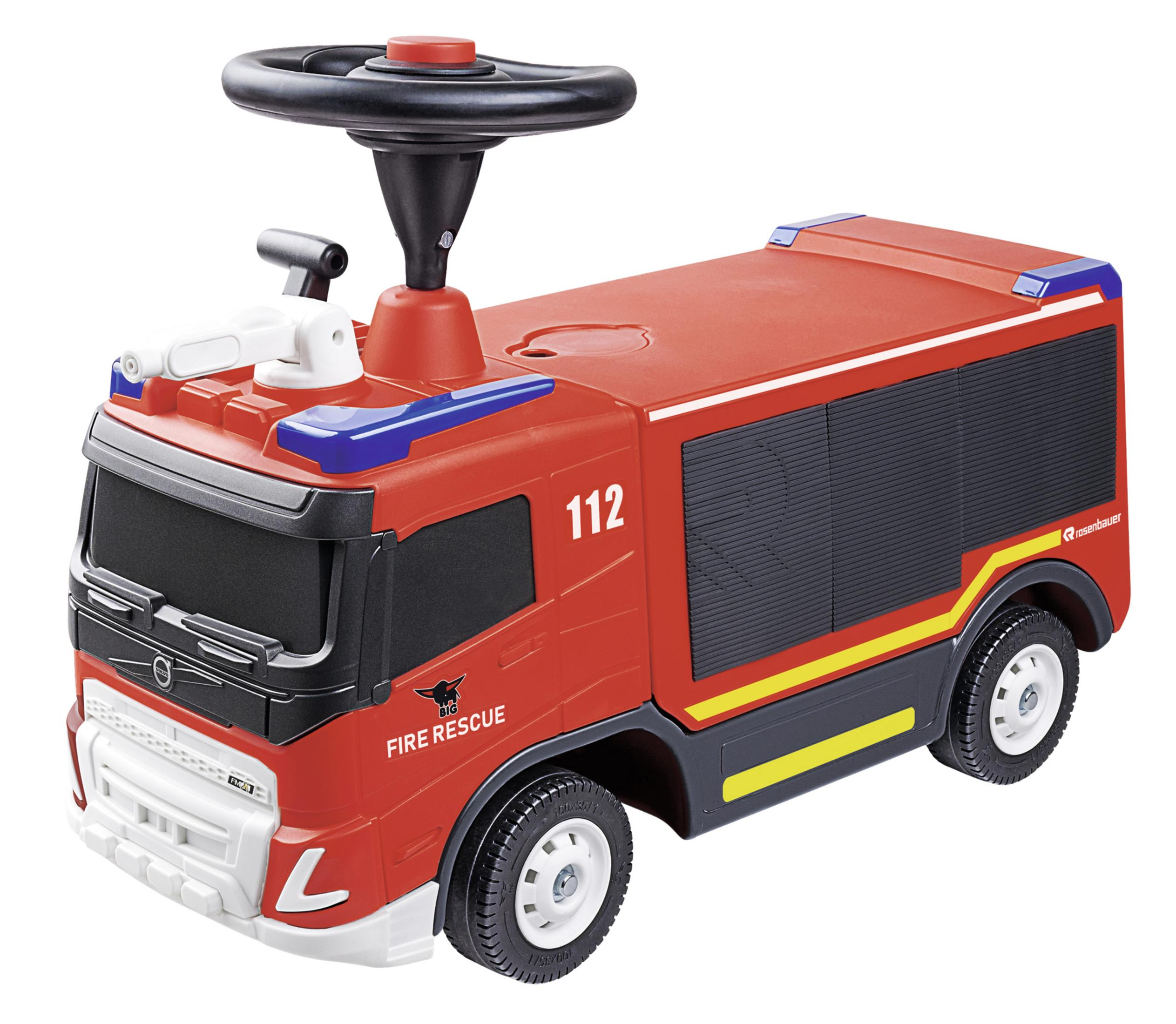 Roter Spielzeug-Feuerwehrwagen mit Lenkrad und Wasserkanone. Er ist auf weißem Hintergrund.