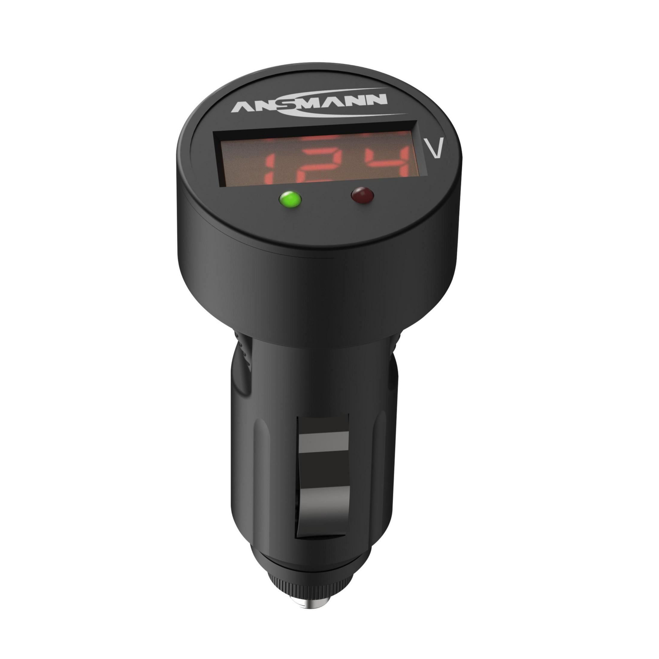 Ein schwarzes Autoladegerät mit digitaler Anzeige 12,4 V und zwei Kontrollleuchten.