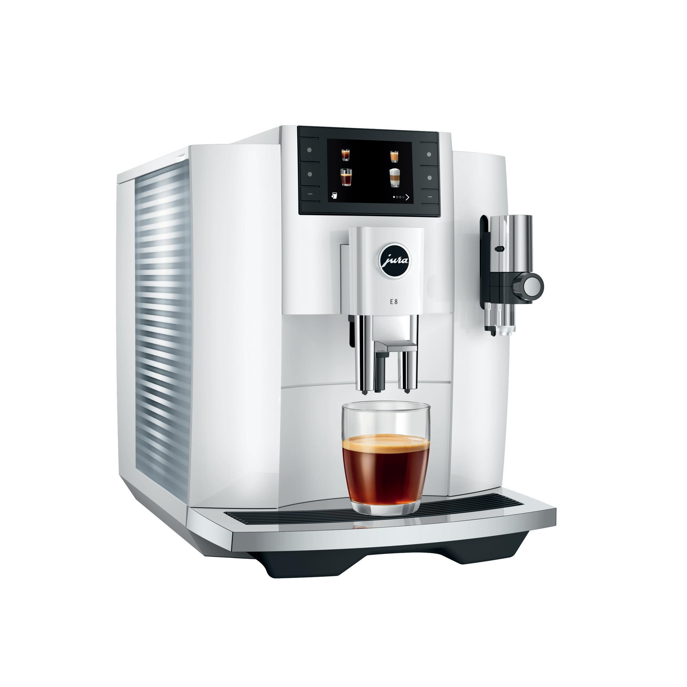 Weiße Espressomaschine mit Kaffeeglas und Digitalanzeige.
