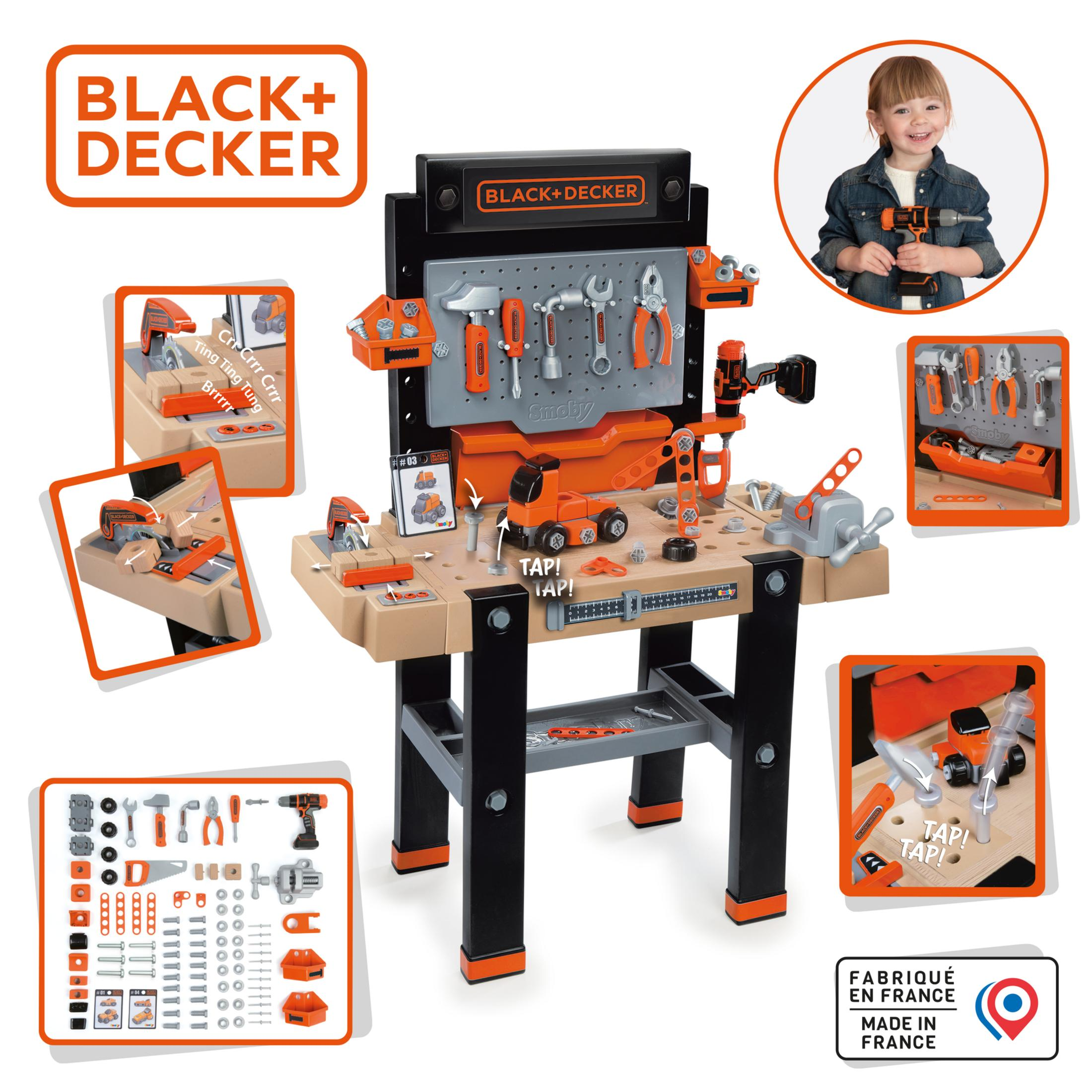 Black+Decker Spielzeugwerkbank mit Werkzeug und einem Kind mit Bohrmaschine. Zusätzliche Werkzeug-Nahaufnahmen.