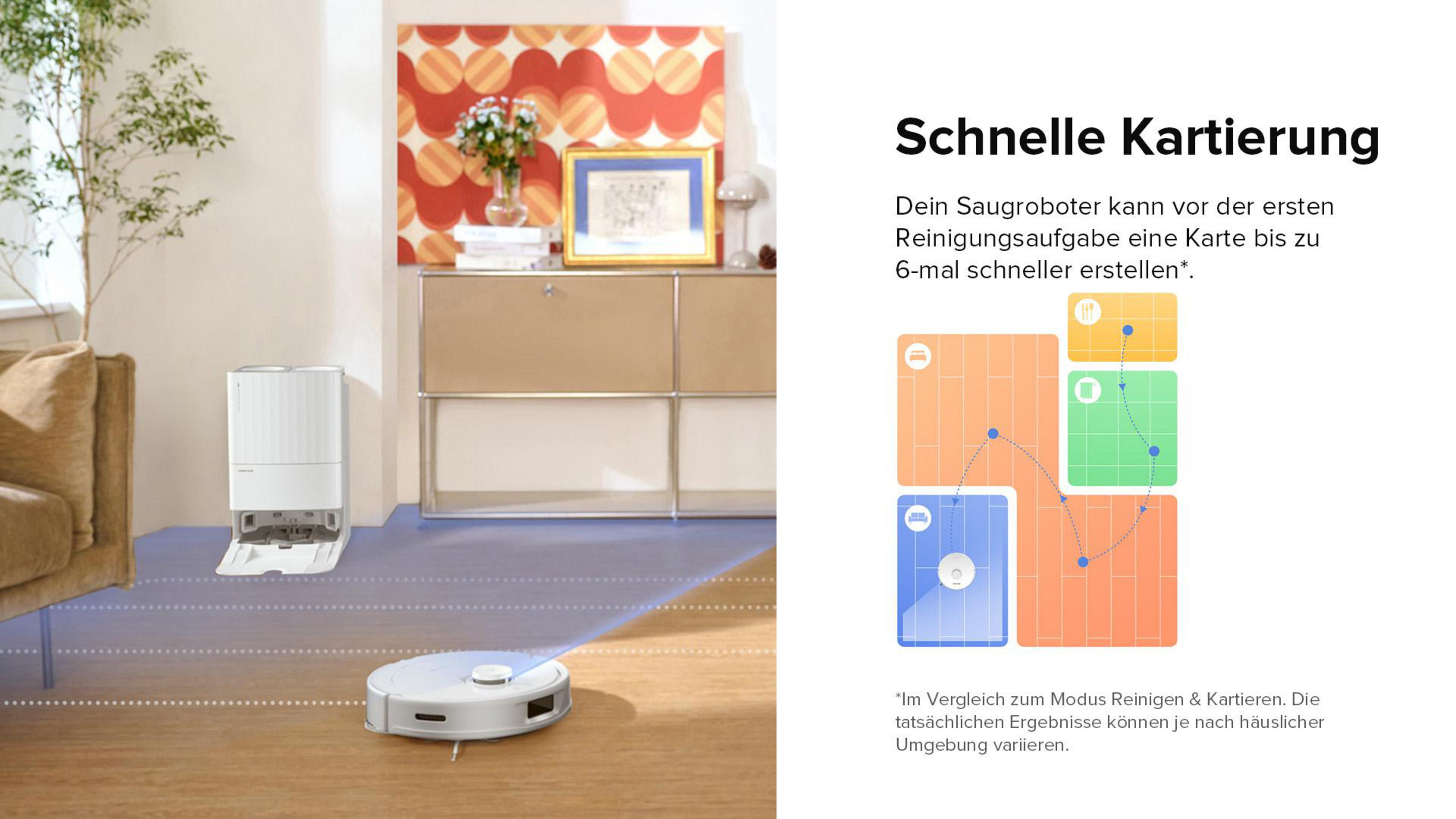 Roboter-Staubsauger auf Holzboden, mit Grafiken.