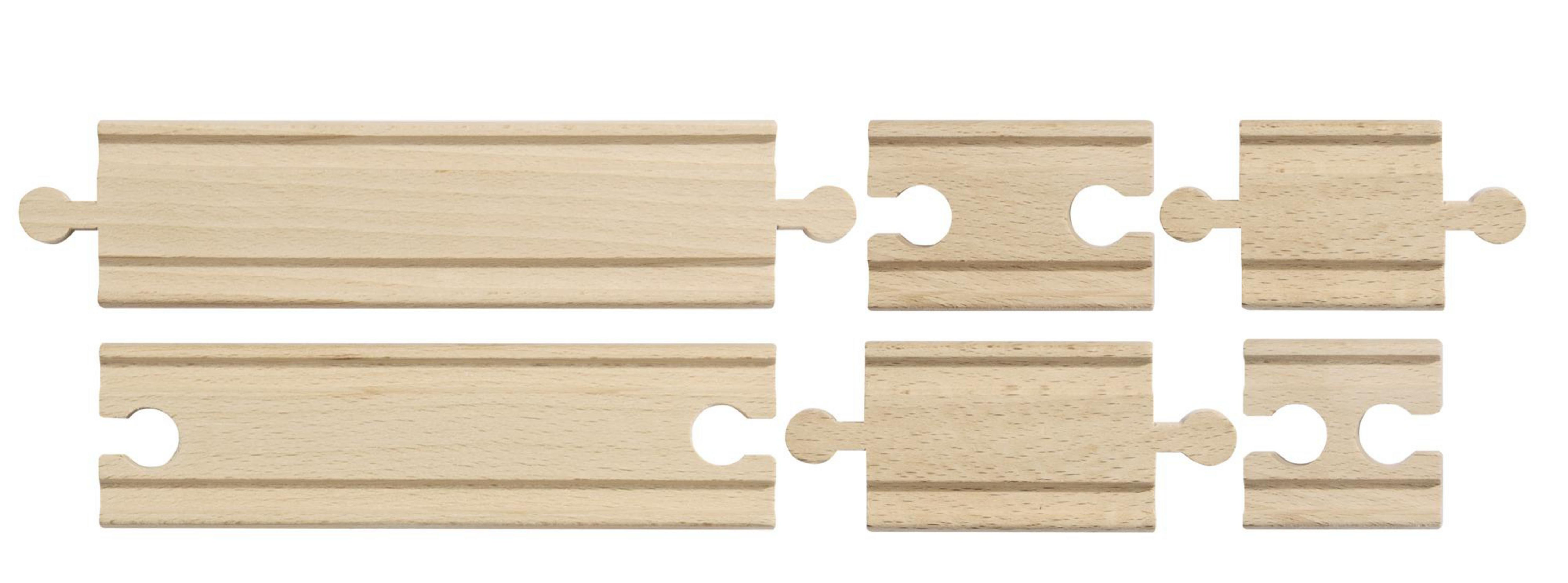 Spielzeug-Eisenbahnschienen aus Holz. Enthält verschiedene Teile, wie gerade und gebogene Schienen, mit Verbindungsstücken.