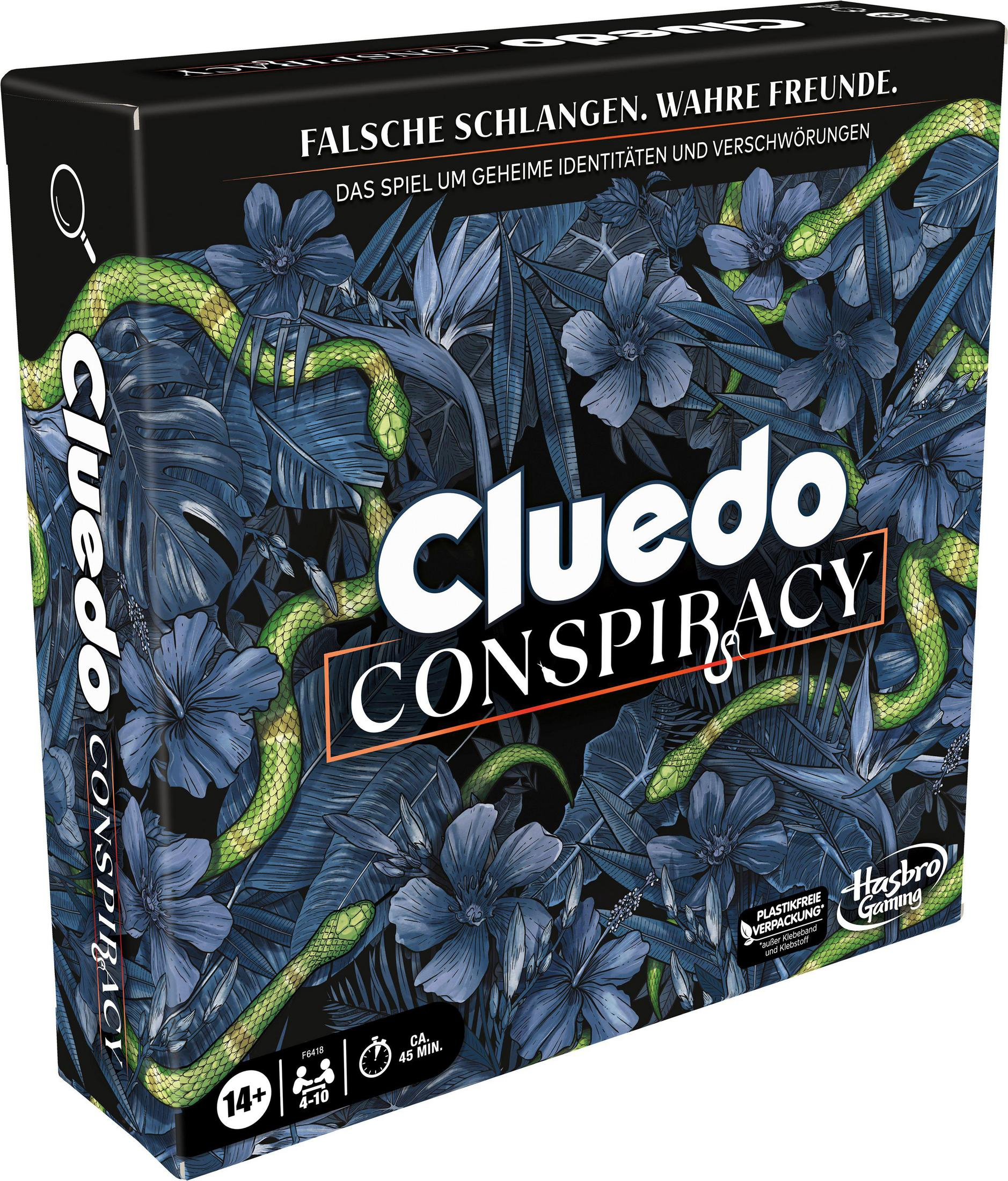 Cluedo Conspiracy Brettspielbox, mit Dschungel-Hintergrund mit Schlangen und Blumen.