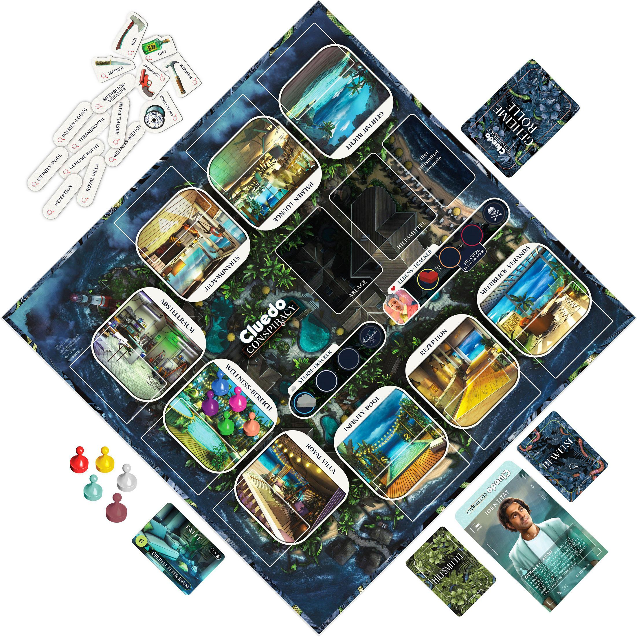 Cluedo-Brettspiel mit Spielbrett, Karten und Spielfiguren, das verschiedene Räume zeigt.