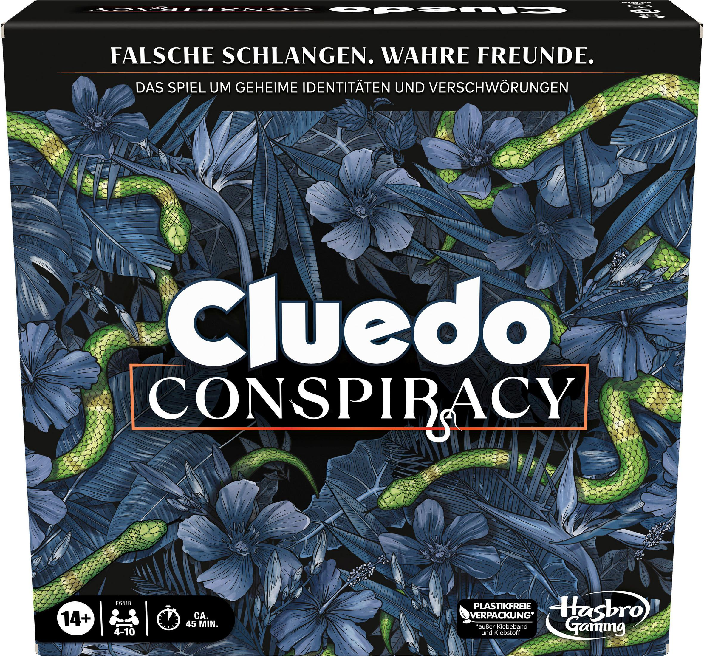Cluedo Conspiracy Spielbox. Mit grünen Schlangen und blauen Blumen. Titel in weißer Box.