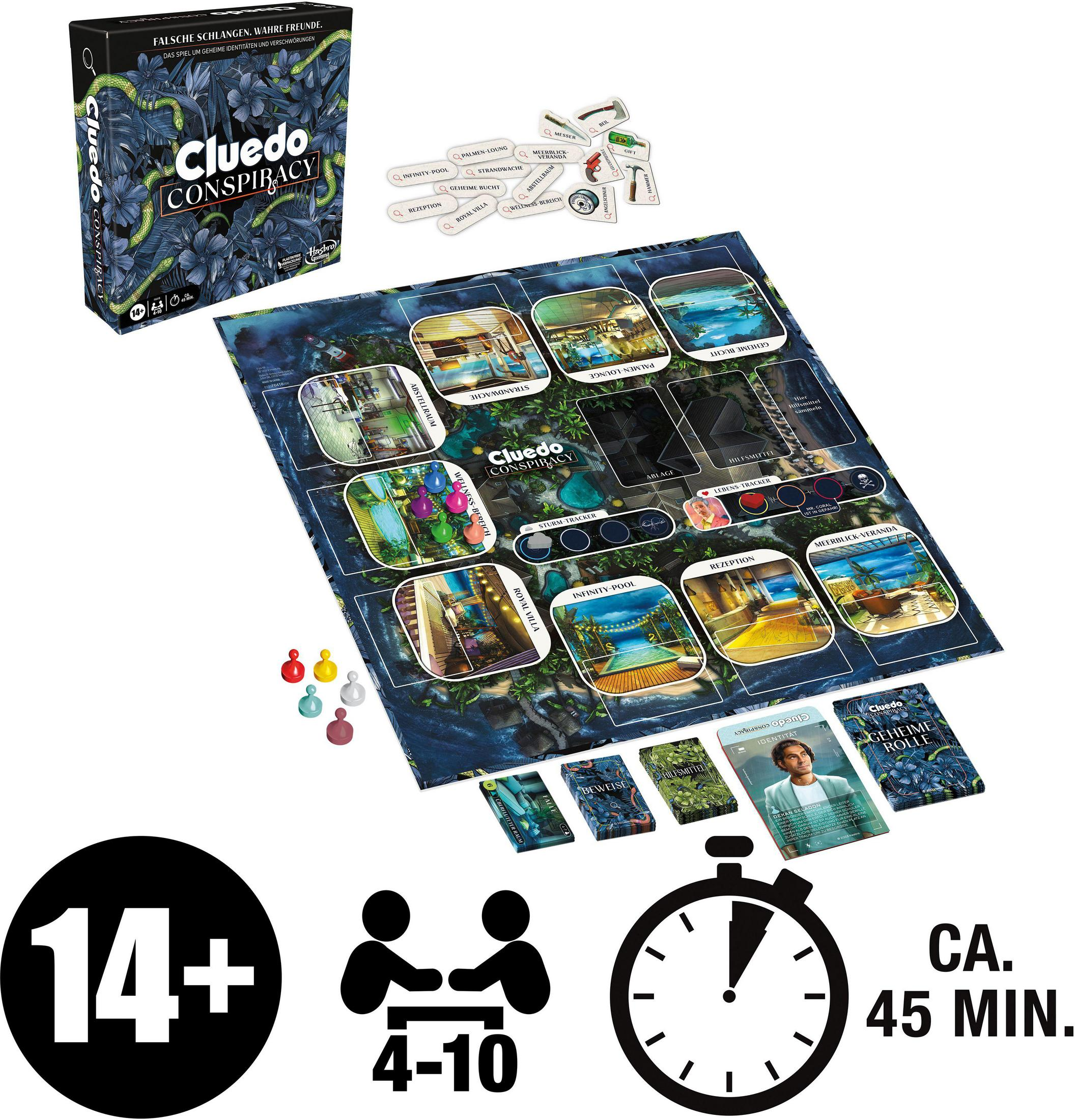 Cluedo Conspiracy-Brettspielbox und Spielsteine auf weißem Hintergrund. Das Spiel hat einen Timer.