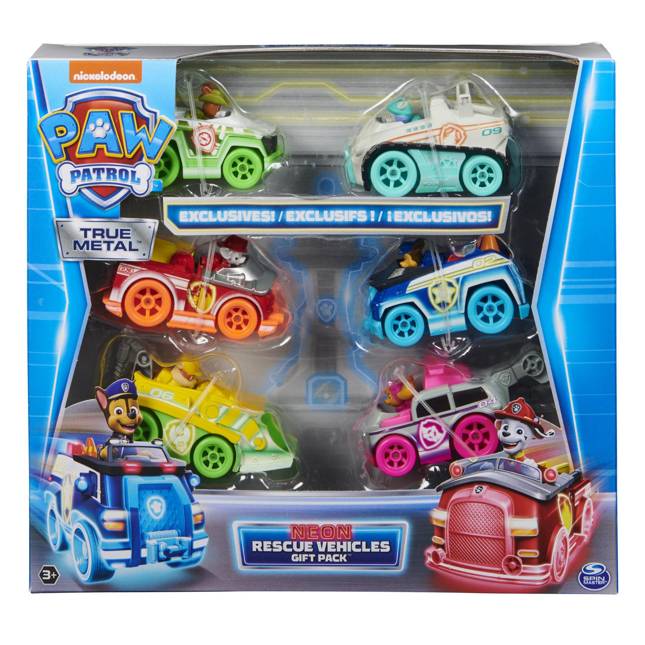PAW Patrol Spielzeugset mit sechs Neon-Rettungsfahrzeugen in einer Box.