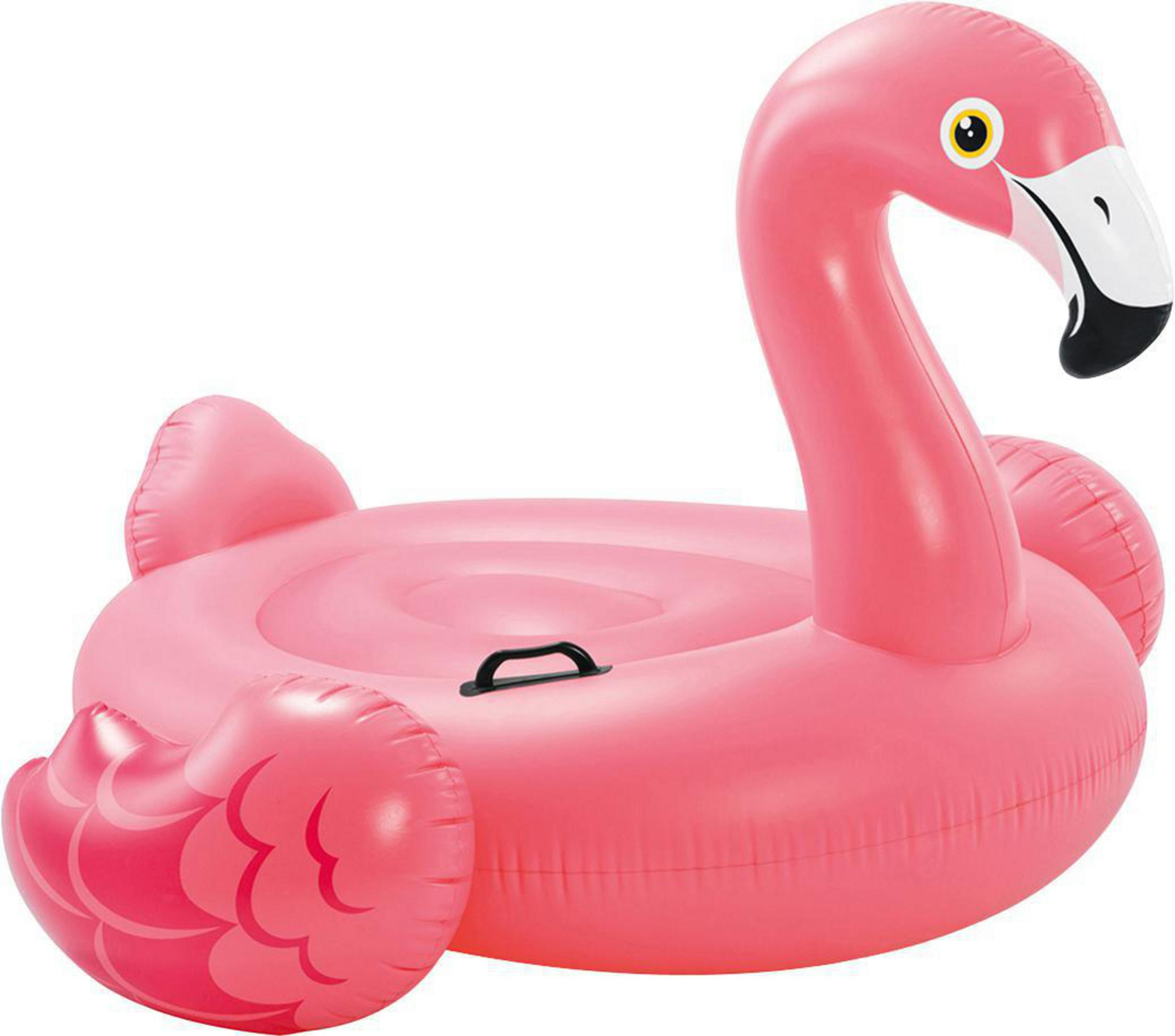 Rosa aufblasbarer Flamingo-Schwimmer. Er hat einen langen Hals und einen schwarzen Griff.