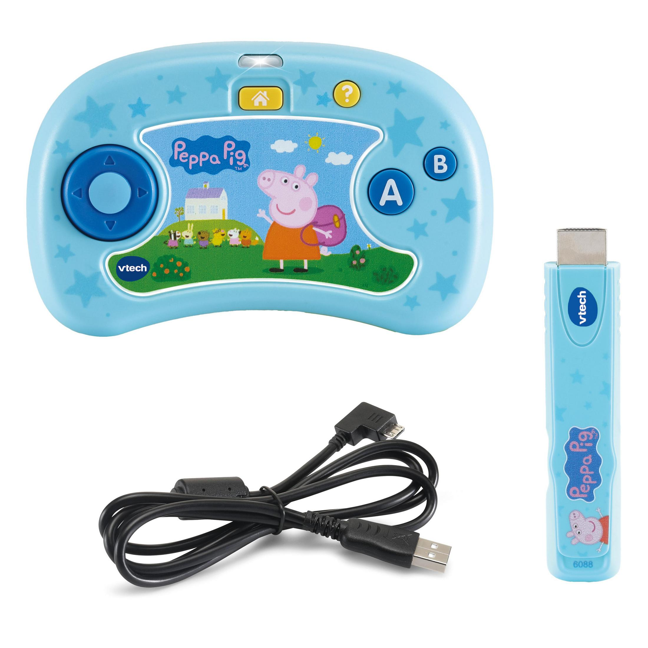 Blauer Spielzeug-Controller mit Peppa Wutz-Motiv, blauer USB-C-Empfänger, schwarzes Kabel.
