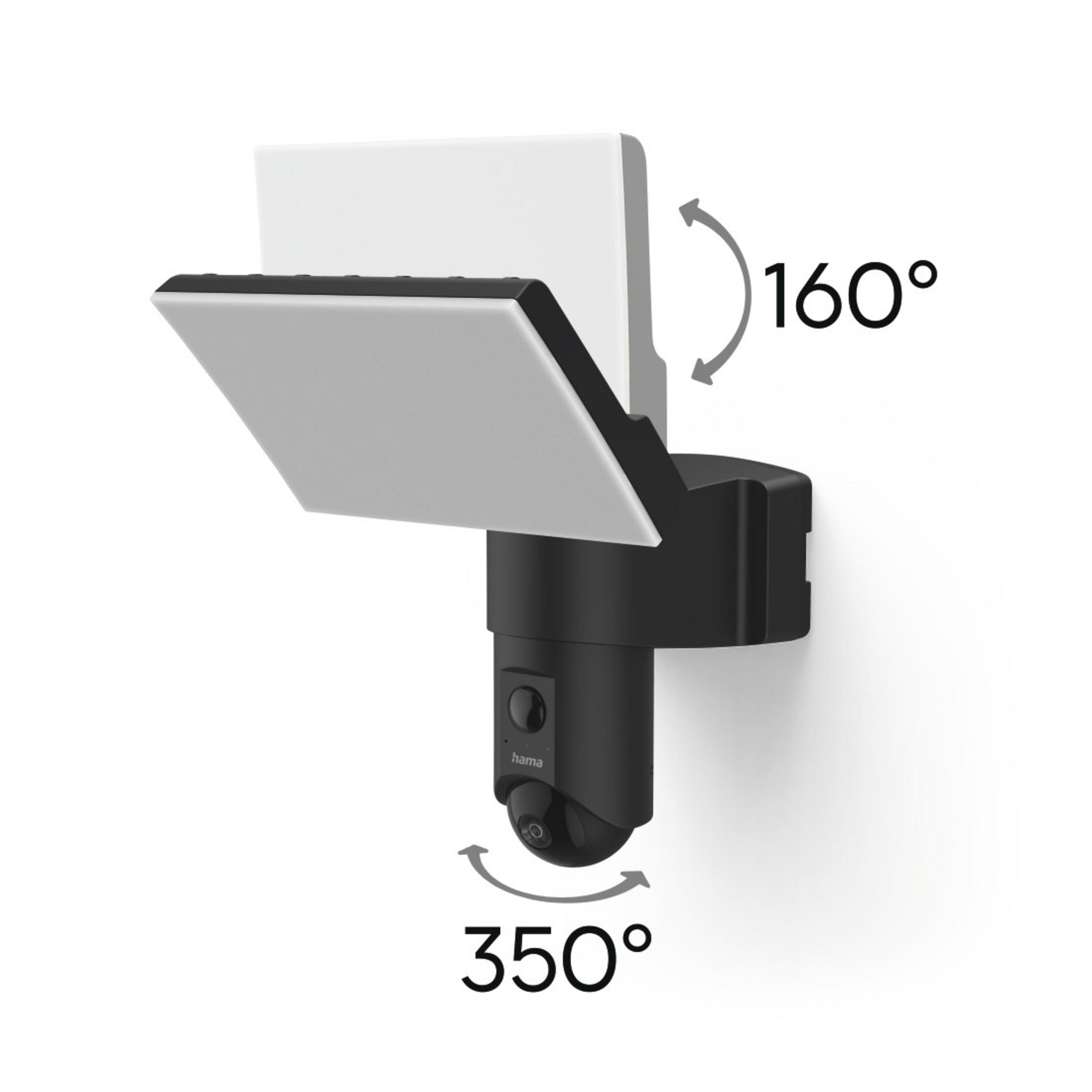 Una telecamera di sicurezza nera con un pannello bianco su sfondo bianco. Può ruotare di 350° e inclinarsi di 160°.