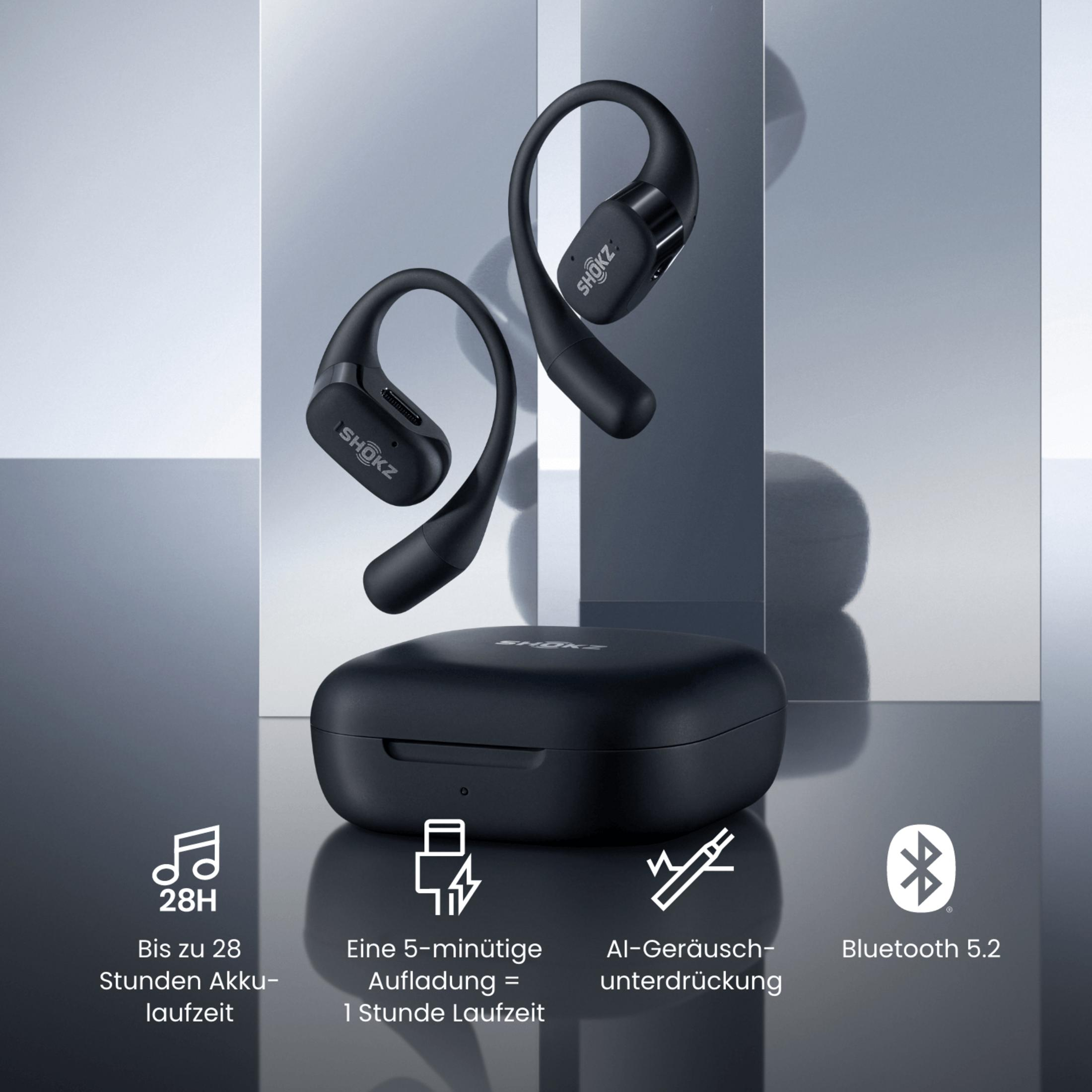 Black wireless earbuds and charging case. Features Bluetooth 5.2 and 28h battery life.