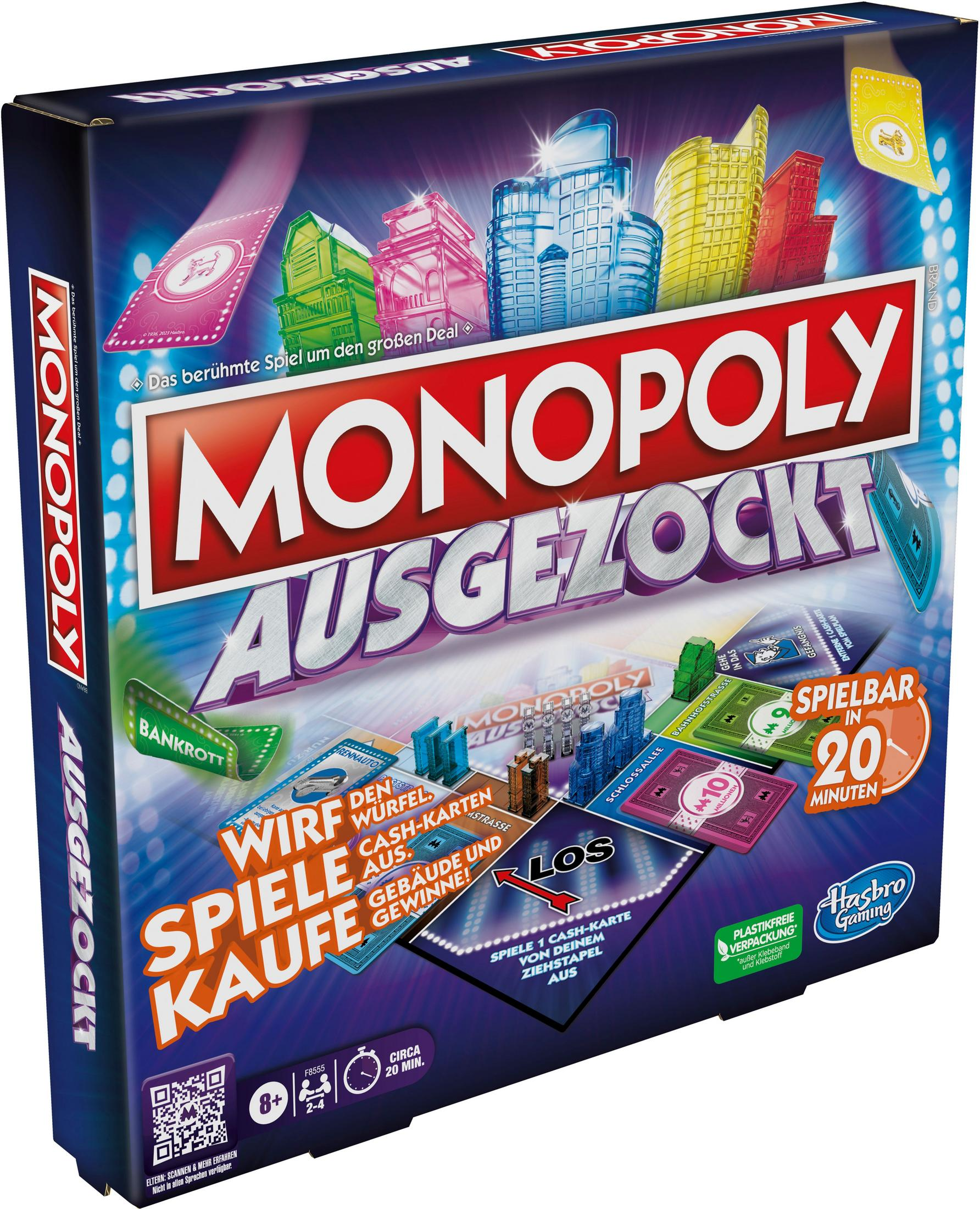 Monopoly Ausgezockt Brettspielbox. Enthält Spielkomponenten und Text auf Deutsch.
