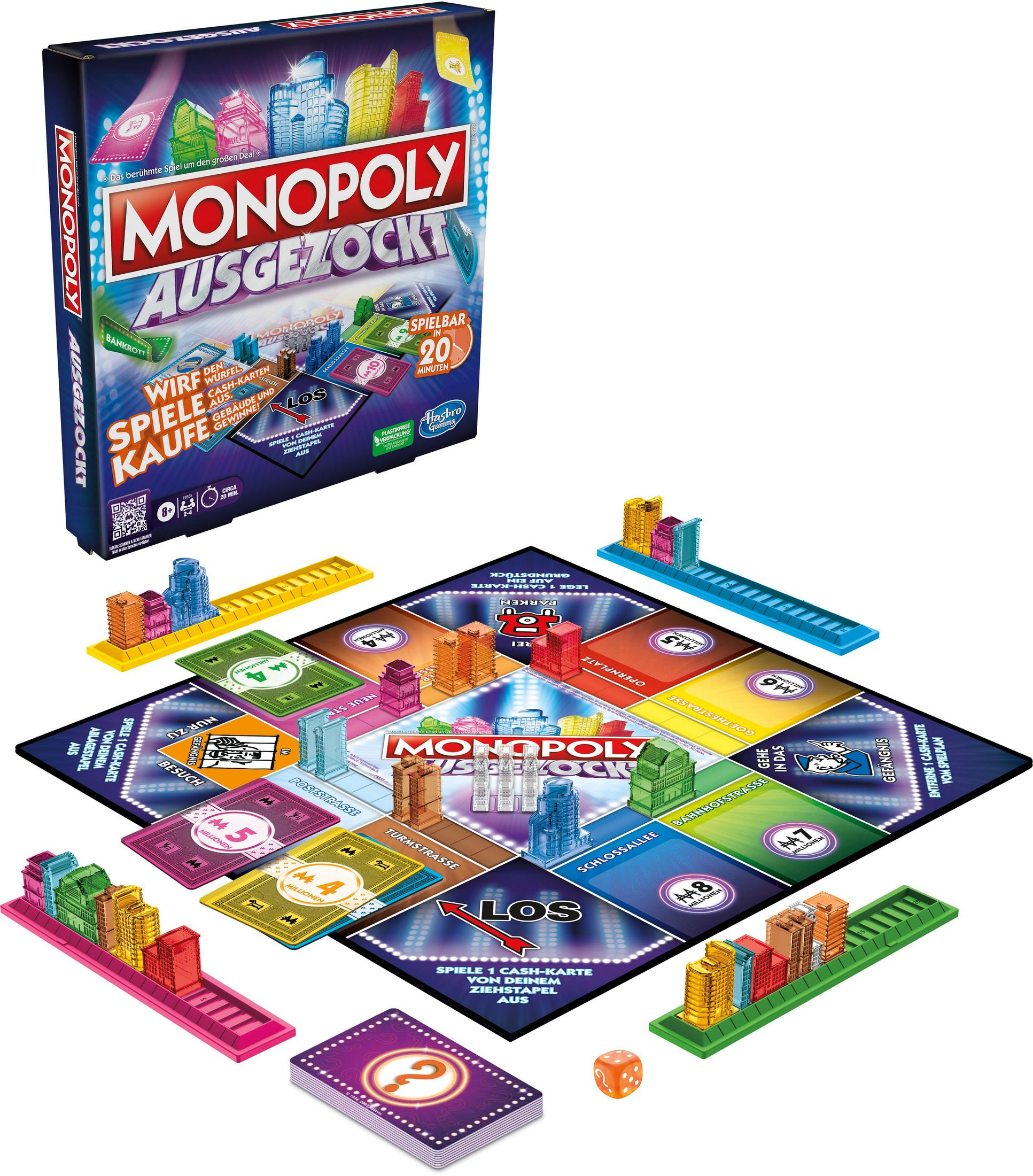 Monopoly-Brettspiel mit Spielsteinen und einer Schachtel. Weißer Hintergrund.