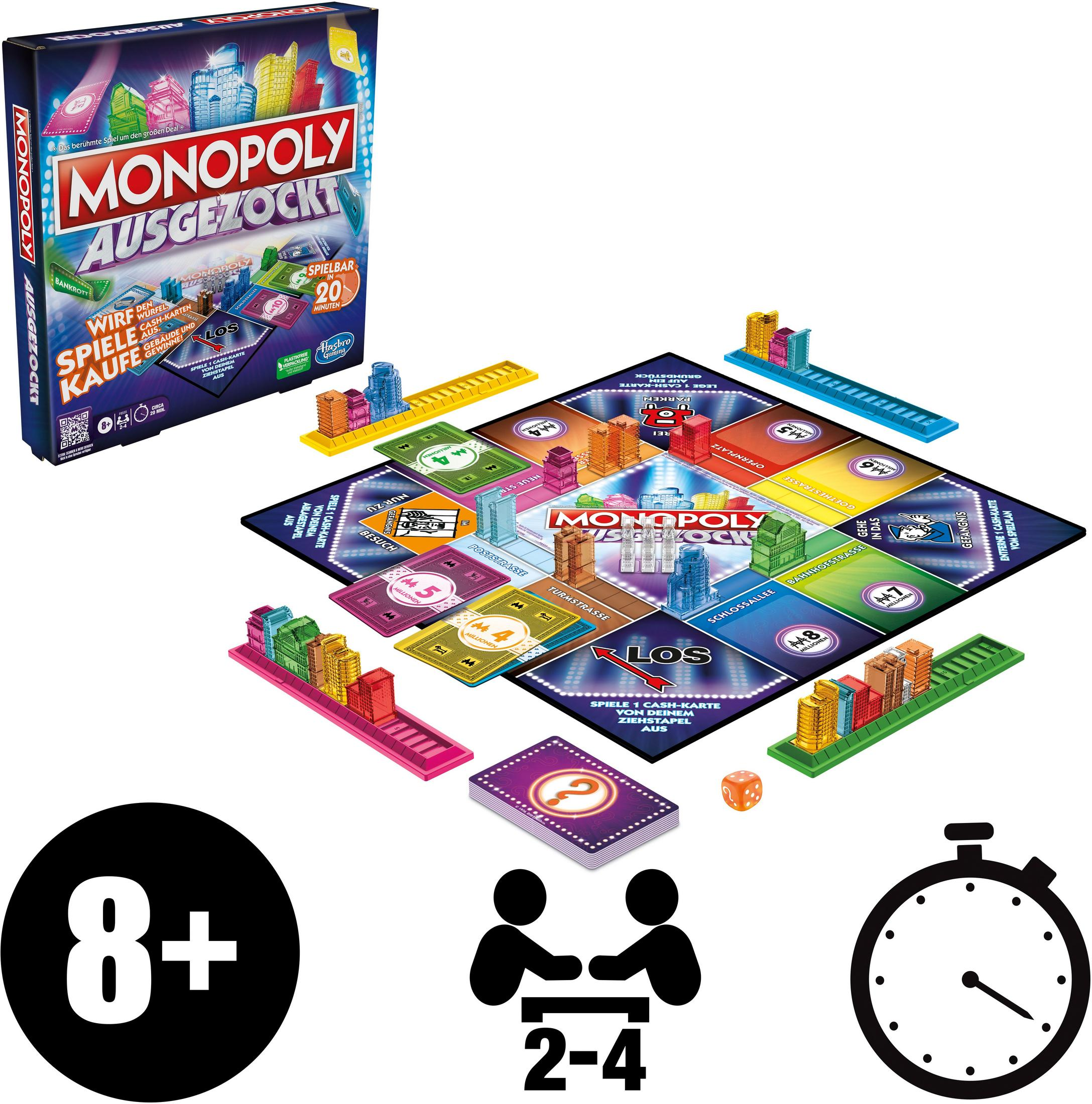 Monopoly-Brettspiel mit Spielfiguren und Würfeln, mit einem 8+ Alterslabel.