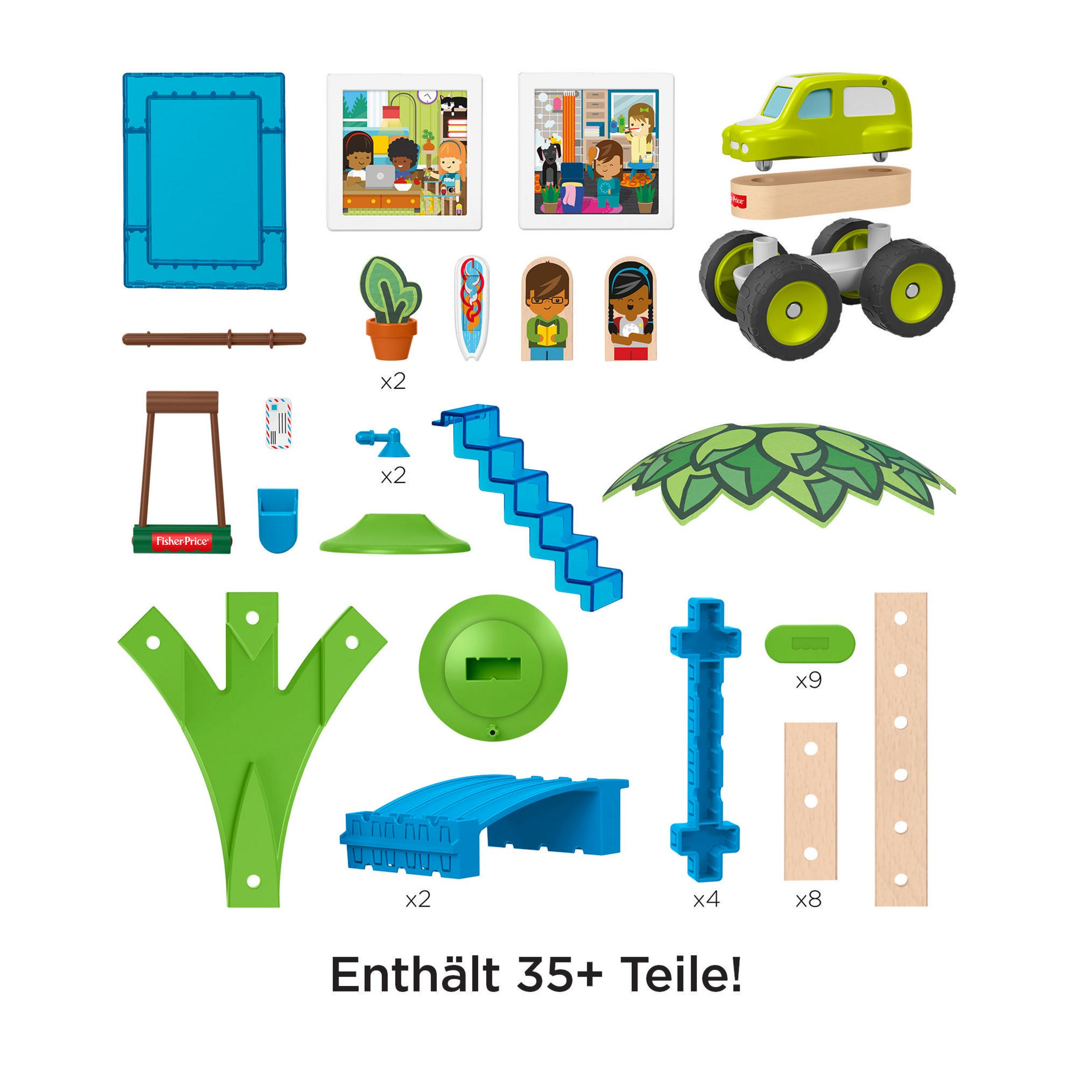 Spielzeugset mit bunten Teilen, darunter ein Auto, Treppen und Bausteine.