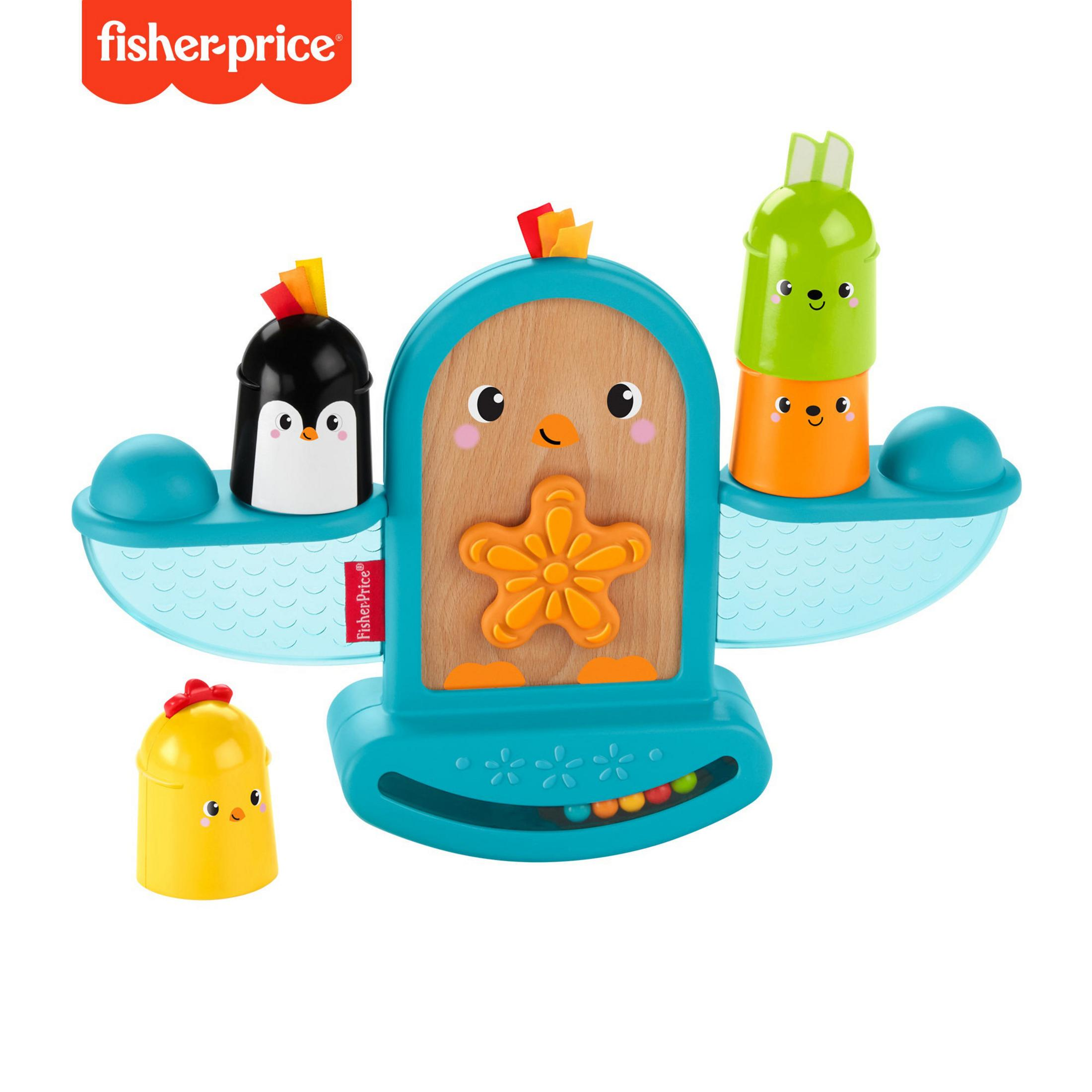 Zabawka Fisher-Price. Zabawka równoważna w kształcie ptaka z pingwinem, pisklęciem i klockami do układania.