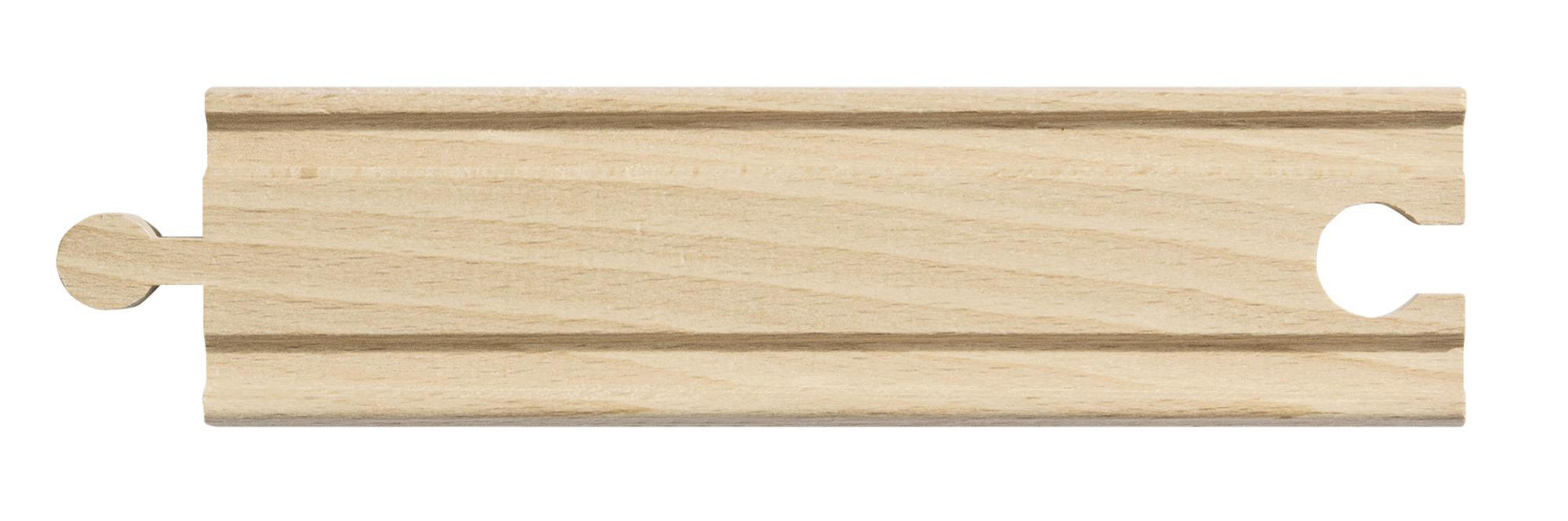 Holz-Eisenbahnschienenstück. Es ist ein einzelnes Stück mit einem Verbinder an einem Ende.