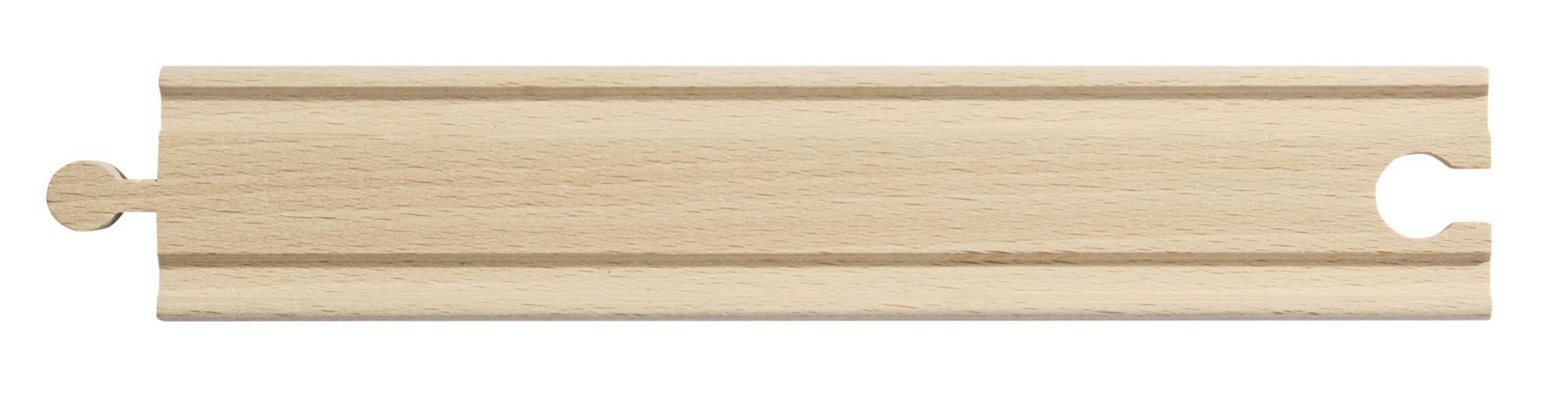 Ein einzelnes Holz-Eisenbahnschienenstück, hellfarbig mit Rillen und einem kreisförmigen Verbinder am Ende.