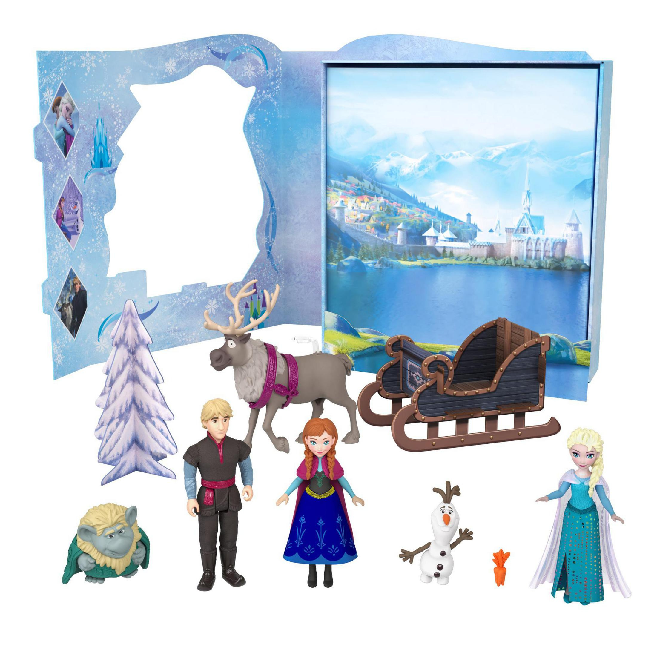 Zestaw Frozen z figurkami, saniami i tłem przedstawiającym zaśnieżony krajobraz.