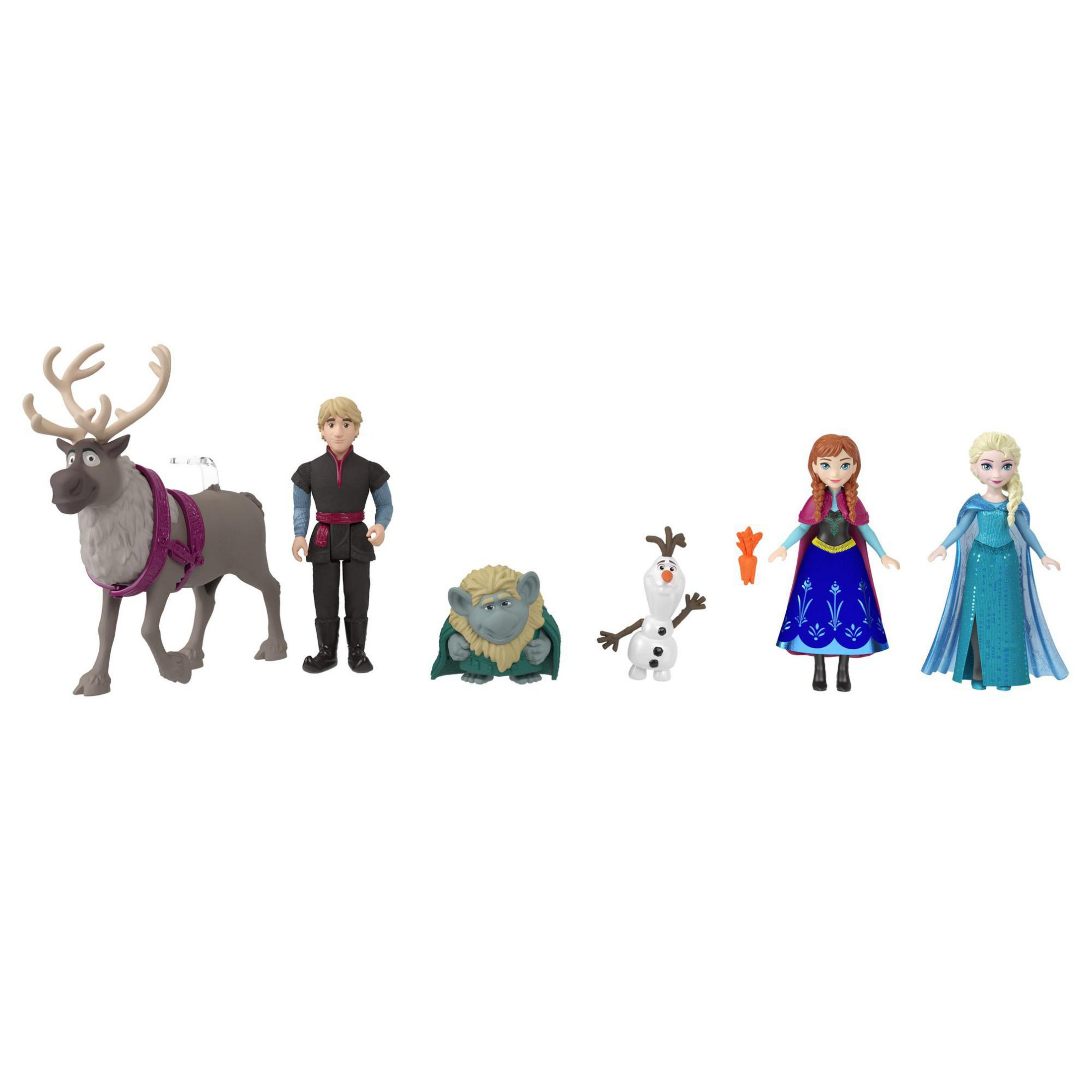 Postacie z Krainy Lodu: Sven, Kristoff, troll, Olaf, Anna i Elsa.