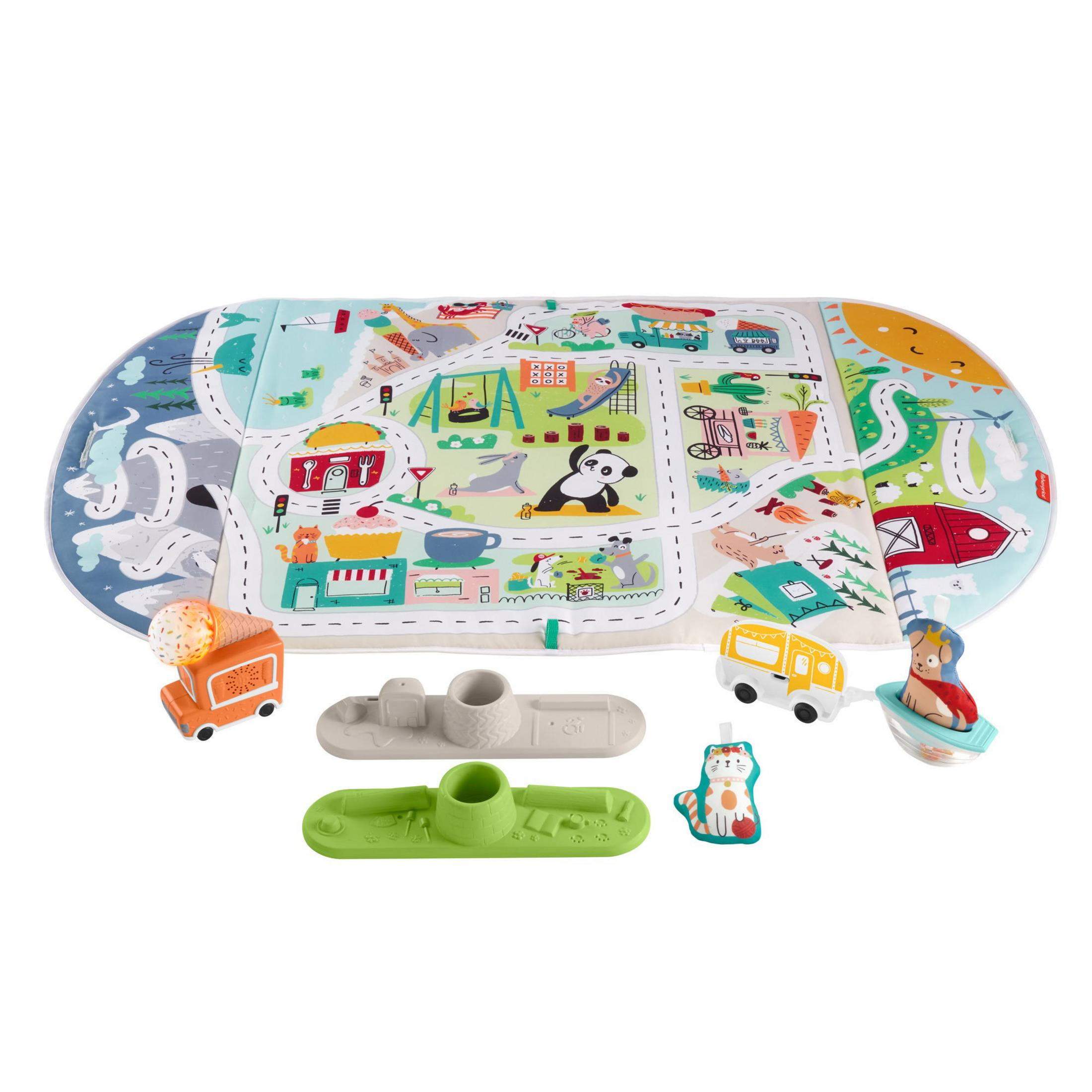Spielmatte mit Spielzeugautos und Figuren. Mit Straßendesign und Zeichentricktieren.