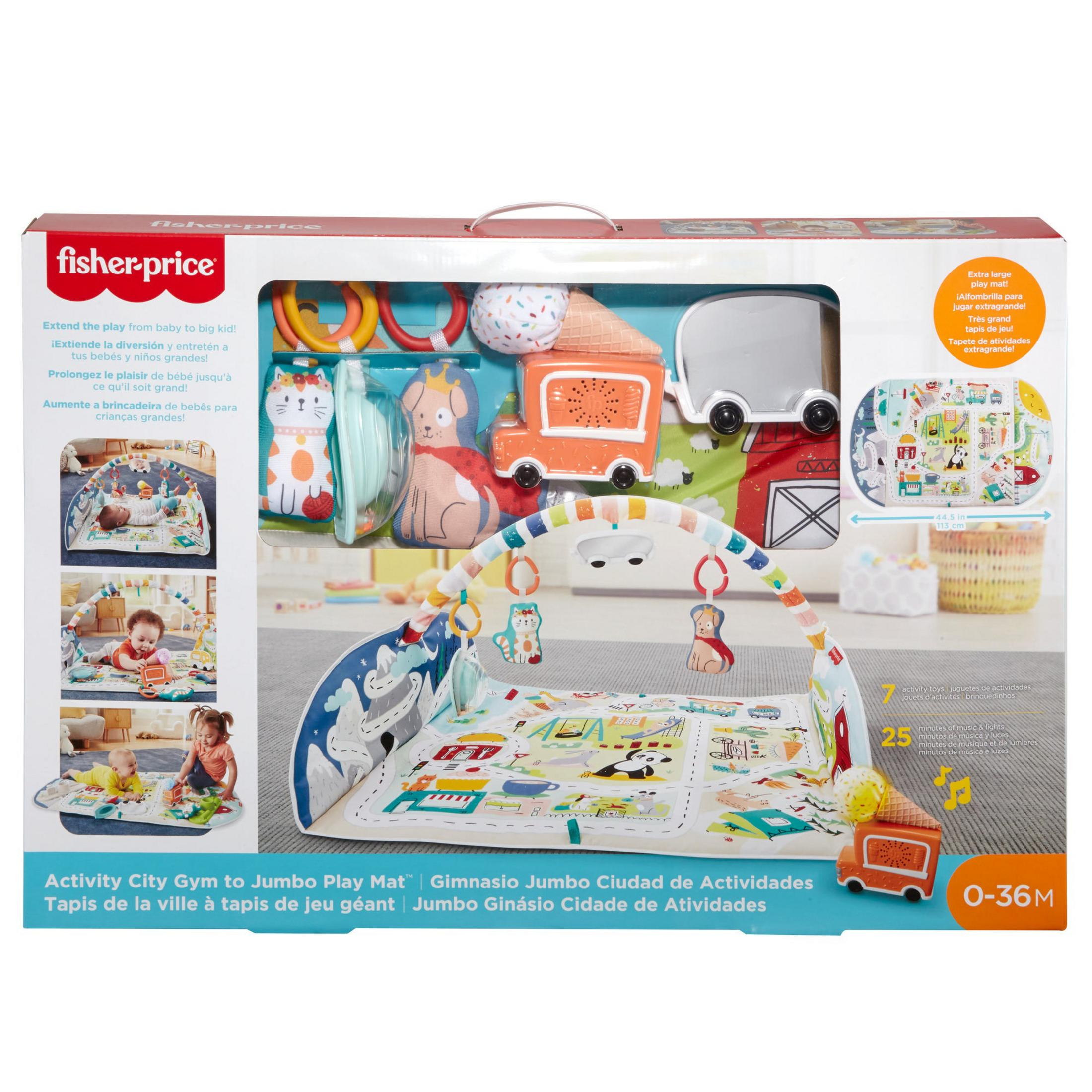 Fisher-Price Activity Gym Box mit Zubehör. Zeigt Baby, das auf einer Matte mit Spielzeug und Illustrationen spielt.