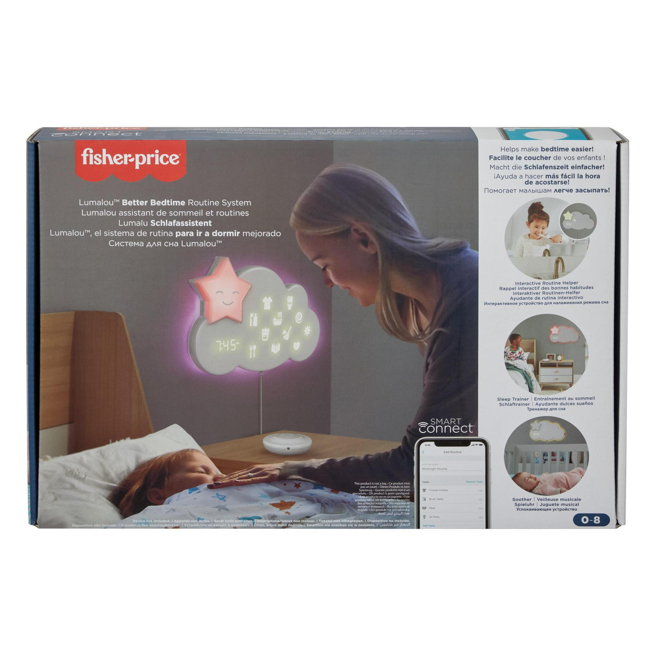 Eine Schachtel des Fisher-Price Better Bedtime Routine Systems mit Mutter und Kind sowie einem Nachtlicht.