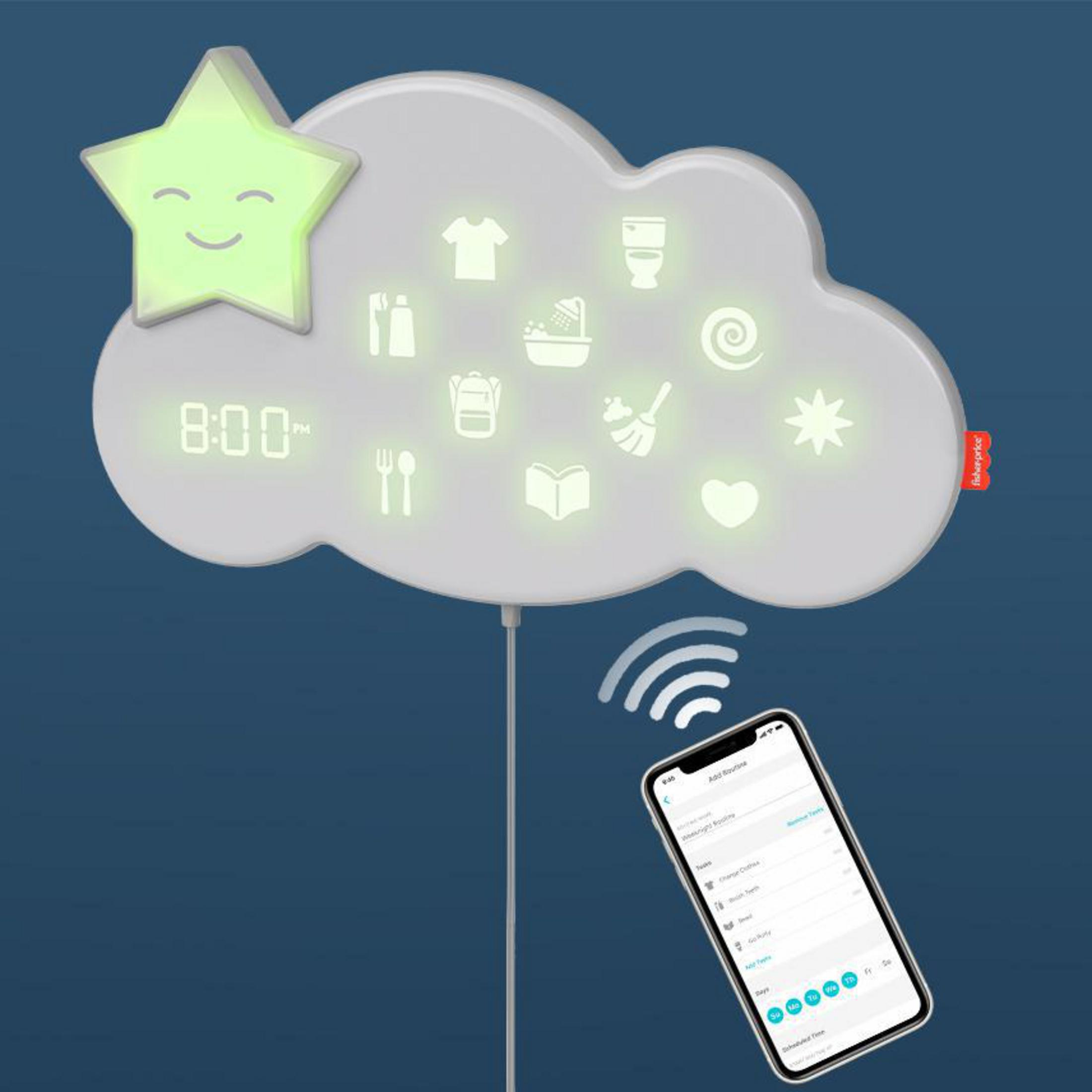 Ein wolkenförmiges Nachtlicht mit Stern und Symbolen, verbunden mit einem Telefon mit App.