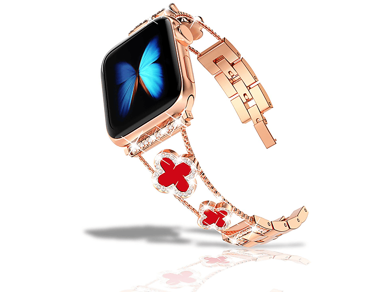 DIIDA Vierblättriges Kleeblatt 45mm 44mm 42mm für Apple Watch Armband, Ersatzarmband, Apple, Watch 42/44/45mm, Roségold + Rot