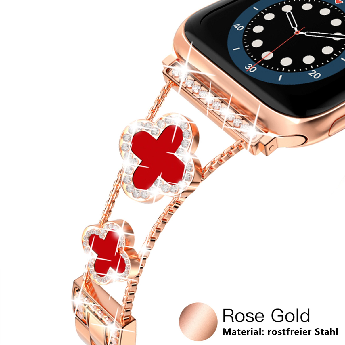 DIIDA Vierblättriges Kleeblatt 44mm Watch Watch Roségold Ersatzarmband, Armband, 42mm Rot Apple 42/44/45mm, für 45mm + Apple