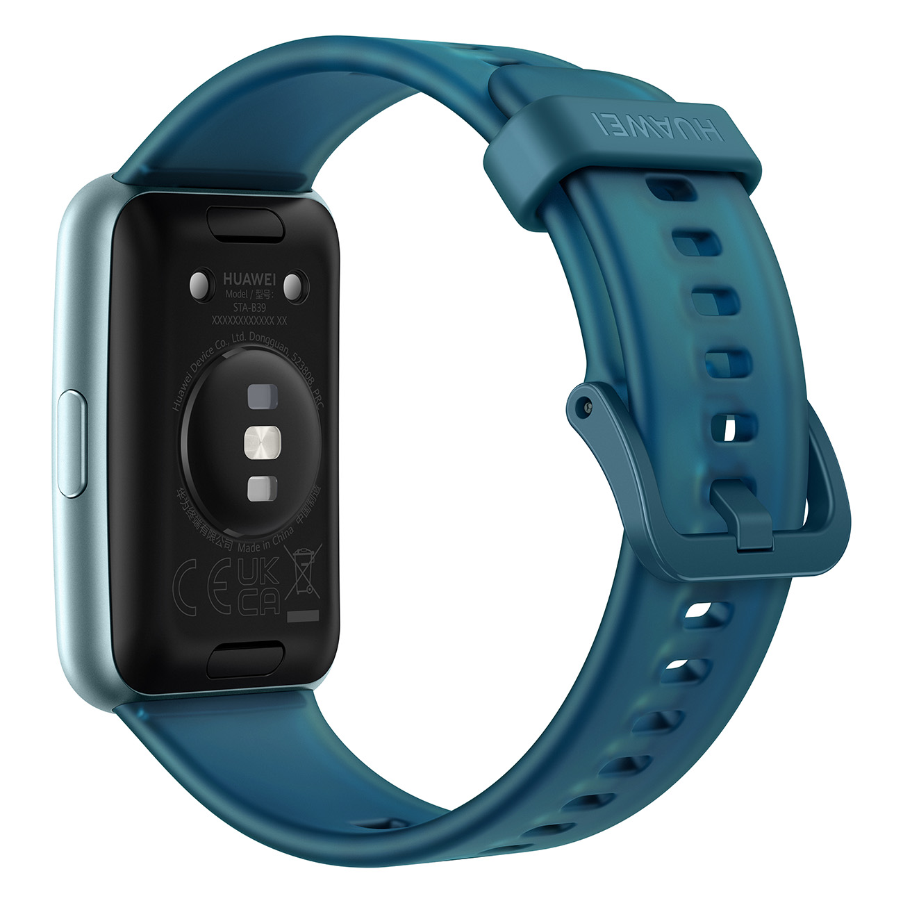 Smartwatch, niebieski pasek, widok z tyłu pokazujący czujniki i markę, jasnoniebieski korpus.