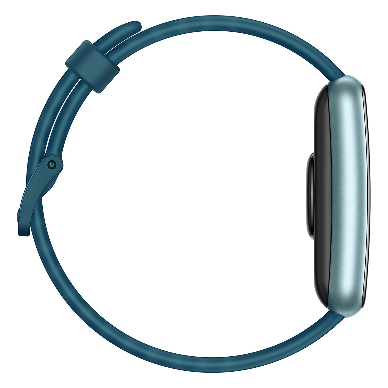 Widok z boku turkusowego smartwatcha z pasującym paskiem, okrągłą tarczą i przyciskiem.