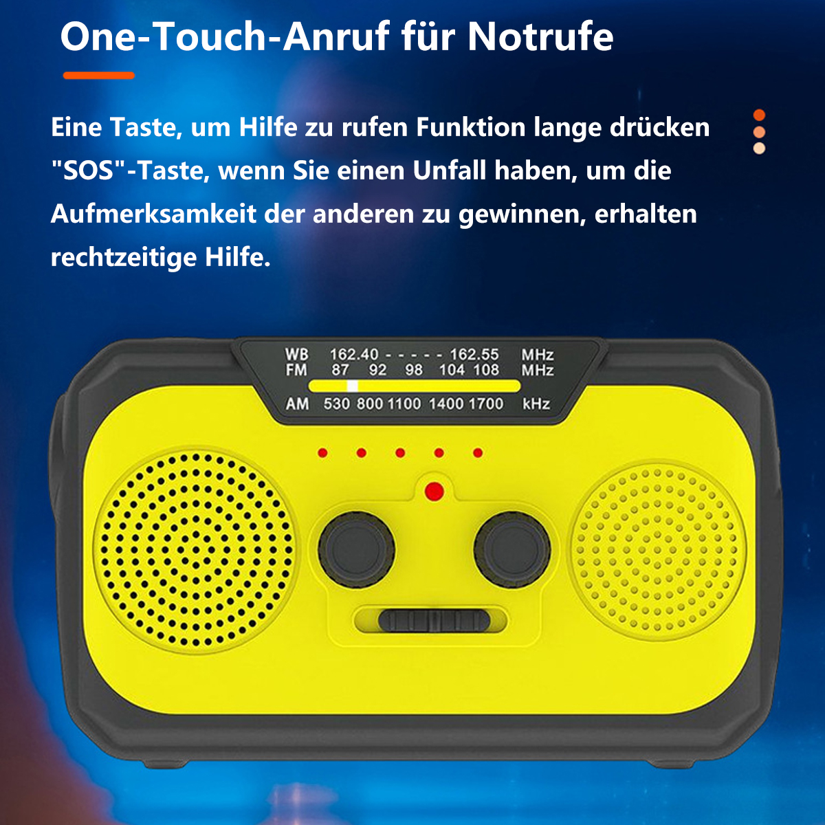 Gelbes Radio mit schwarzen Details. Es hat Knöpfe und zwei Lautsprecher.