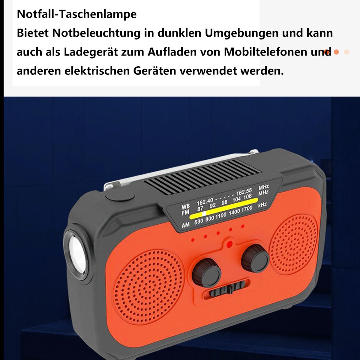 Orange-schwarzes Notfallradio mit Licht und Reglern. Text auf Deutsch.