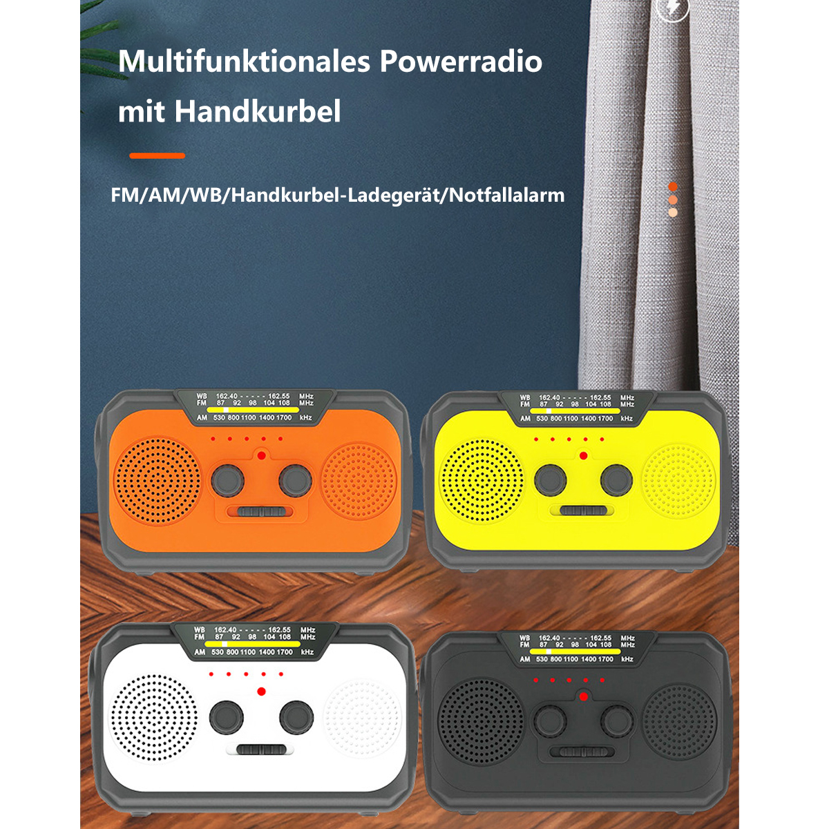 Vier Radios in Orange, Gelb, Weiß und Schwarz, mit Text über die Funktionen.