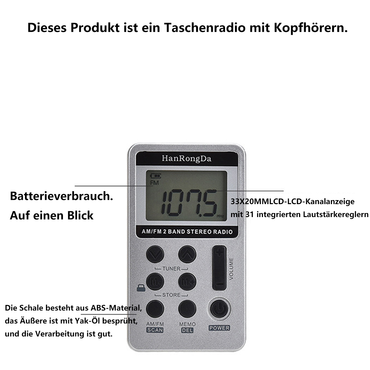 Kleines silbernes Radio mit Knöpfen und Display. Text auf Deutsch.