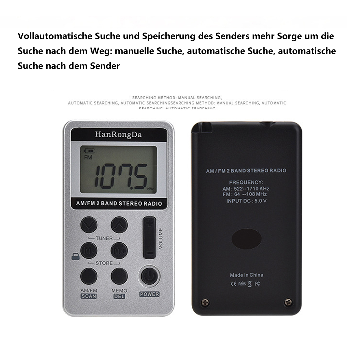 Ein silbernes tragbares Radio mit Knöpfen und Display. Text auf Chinesisch und Englisch.