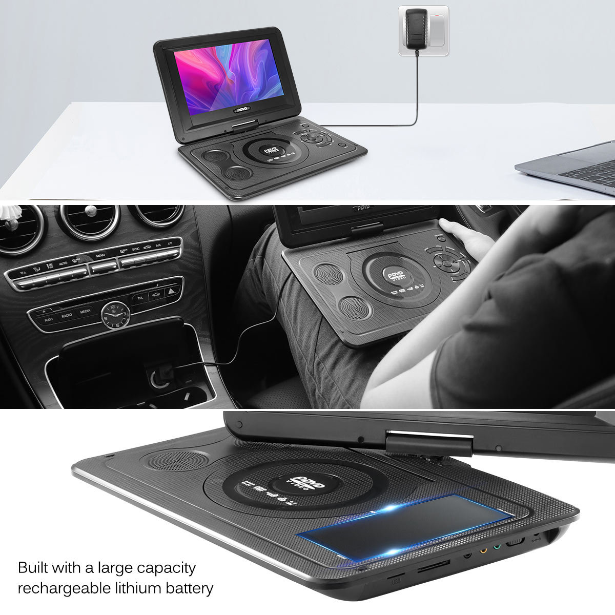 Un reproductor de DVD portátil que muestra imágenes y se carga en una mesa blanca y en un automóvil.
