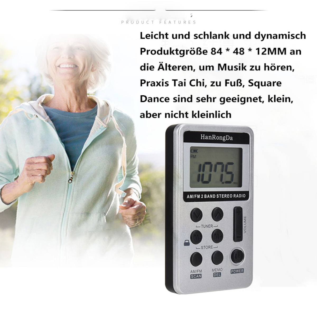 Frau beim Laufen. Ein kleines silbernes Radio ist im Vordergrund.